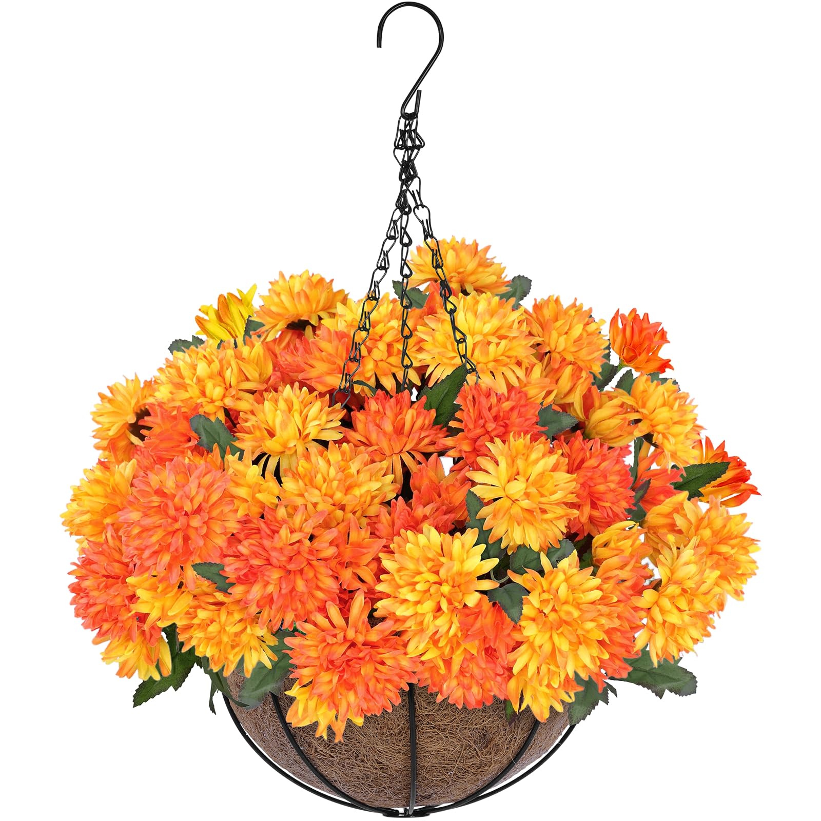 Grandeal Artificial Faux Fall Mums Hanging Flowers Plants Basket for Outdoor Decor
