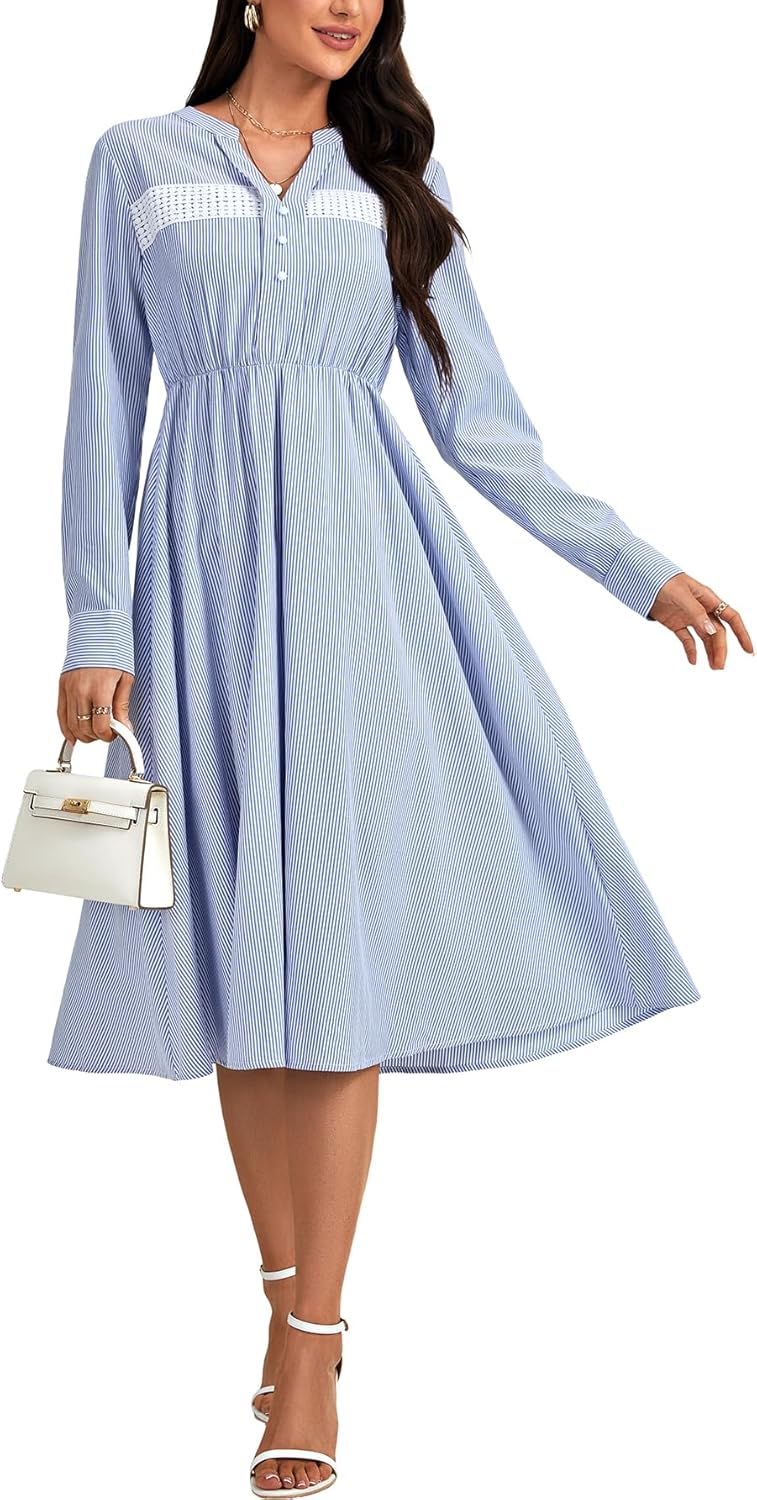 Vrtige Women's Stripe Long Sleeve Button V Neck Pleated Waisted A Line Midi Shirt Dress - Image 2