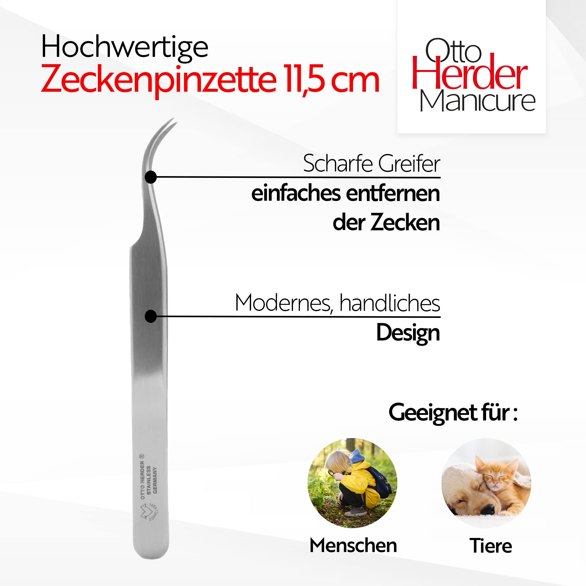 OTTO HERDER Pince à tiques en acier inoxydable fin avec pointe incurvée pour chiens et chats 11,5 cm