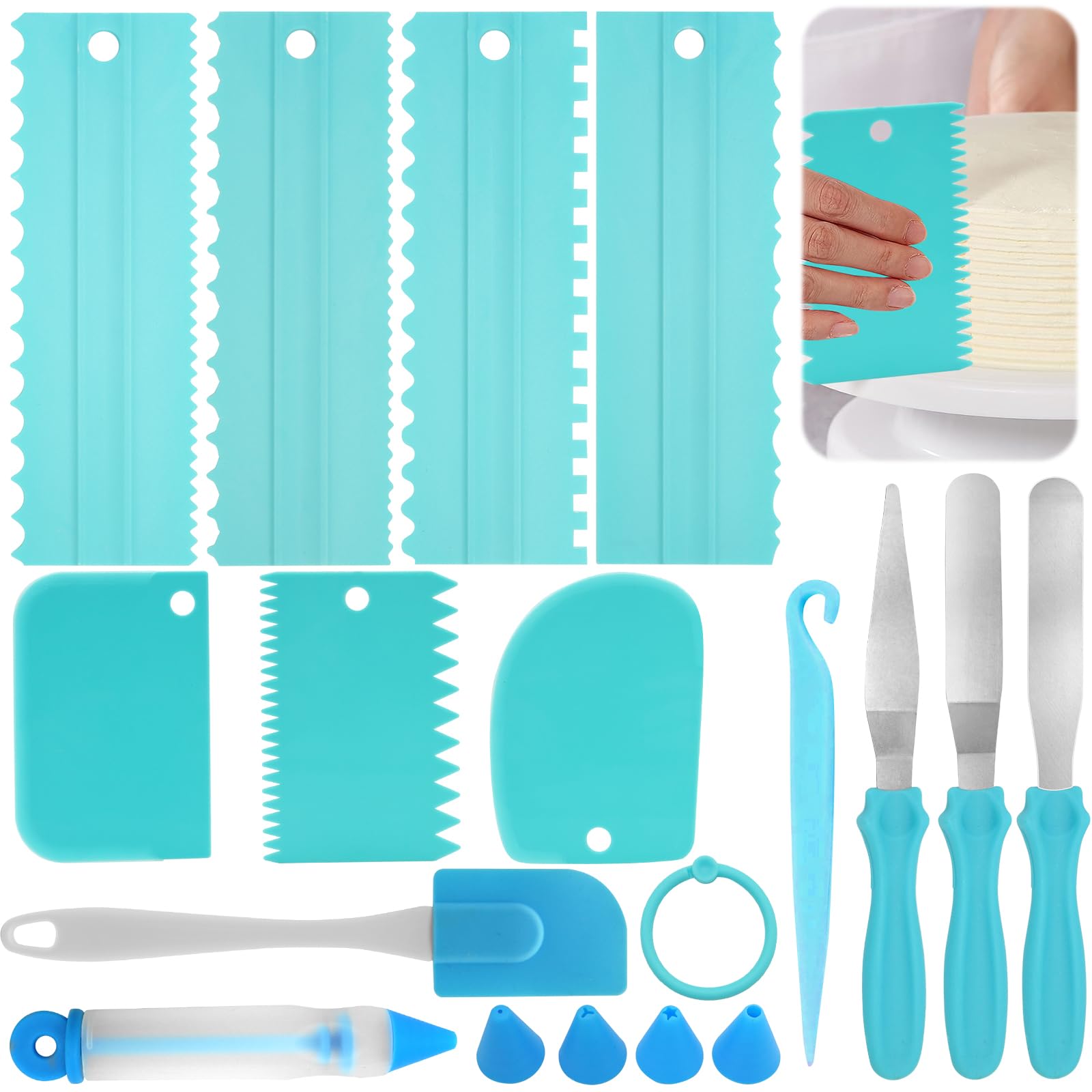 Omsscun 13 Pcs Cake Scraper Set, Icing Smoother Scraper, Metal and Silicone Cake Spatula, Cake Decorating Pen with 4 Nozzles, Cake Stripping Tool, for Baking Enthusiasts, Beginners, Professionals