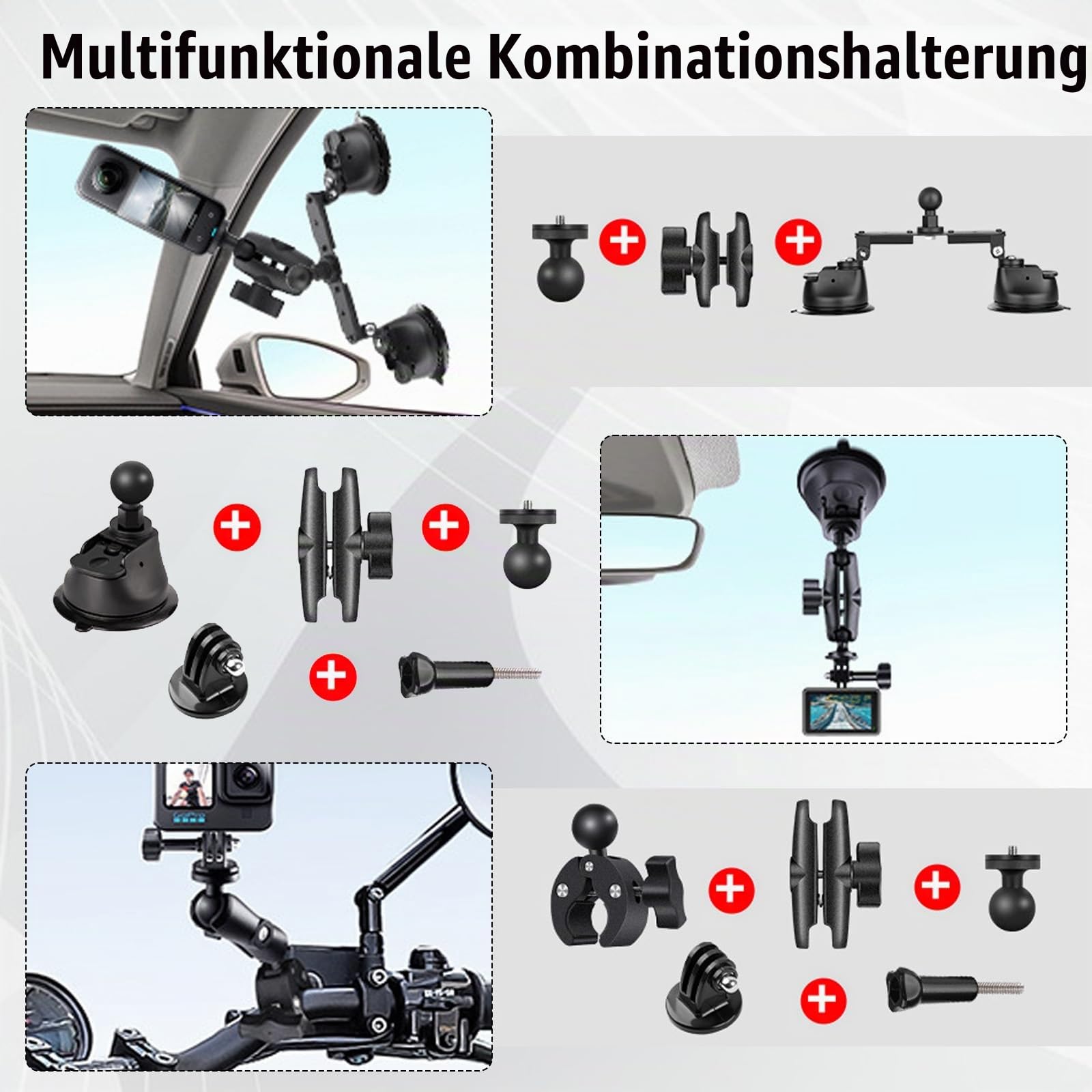 Dreifach Saugnapf Autohalterung Set, Auto Dreifach Saugnapfhalterung und Klemme für Insta360 Gopro Akaso Action Kamera, 28-112 cm Einziehbarer Selfie Stick Magic Arm Kamerahalterung