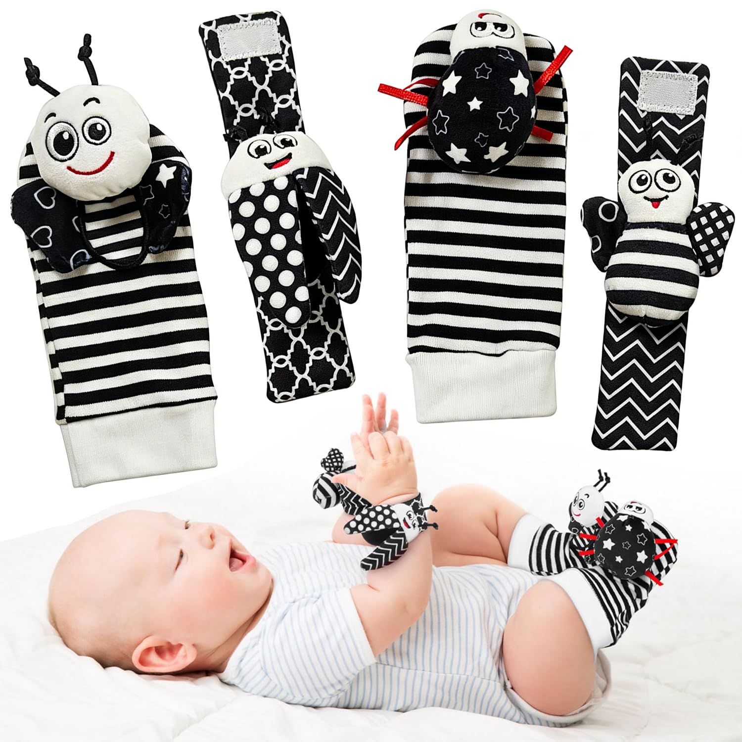 Sensory Toy Set, 4 PCS Foot Finders & Wrist Rattles, Cute Plush Animals Black and White Sensory Toys, Wrist Rattles, Rattle Socks, Soft Skin-Friendly Wrist & Foot Stimulators