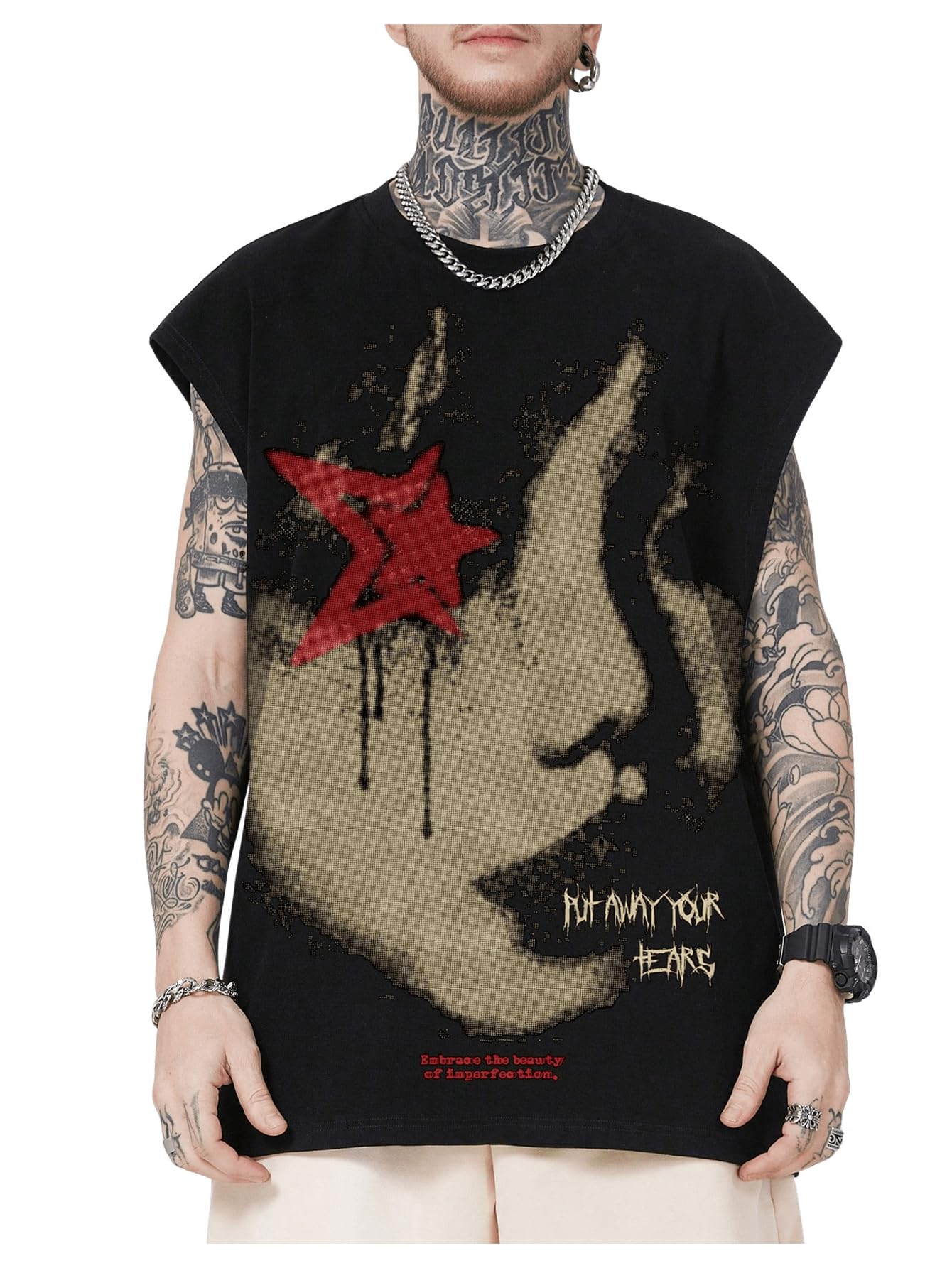 Men's Face Graphic Y2k Tank Tops Star Print Crew Neck Sleeveless Shirts Streetwear