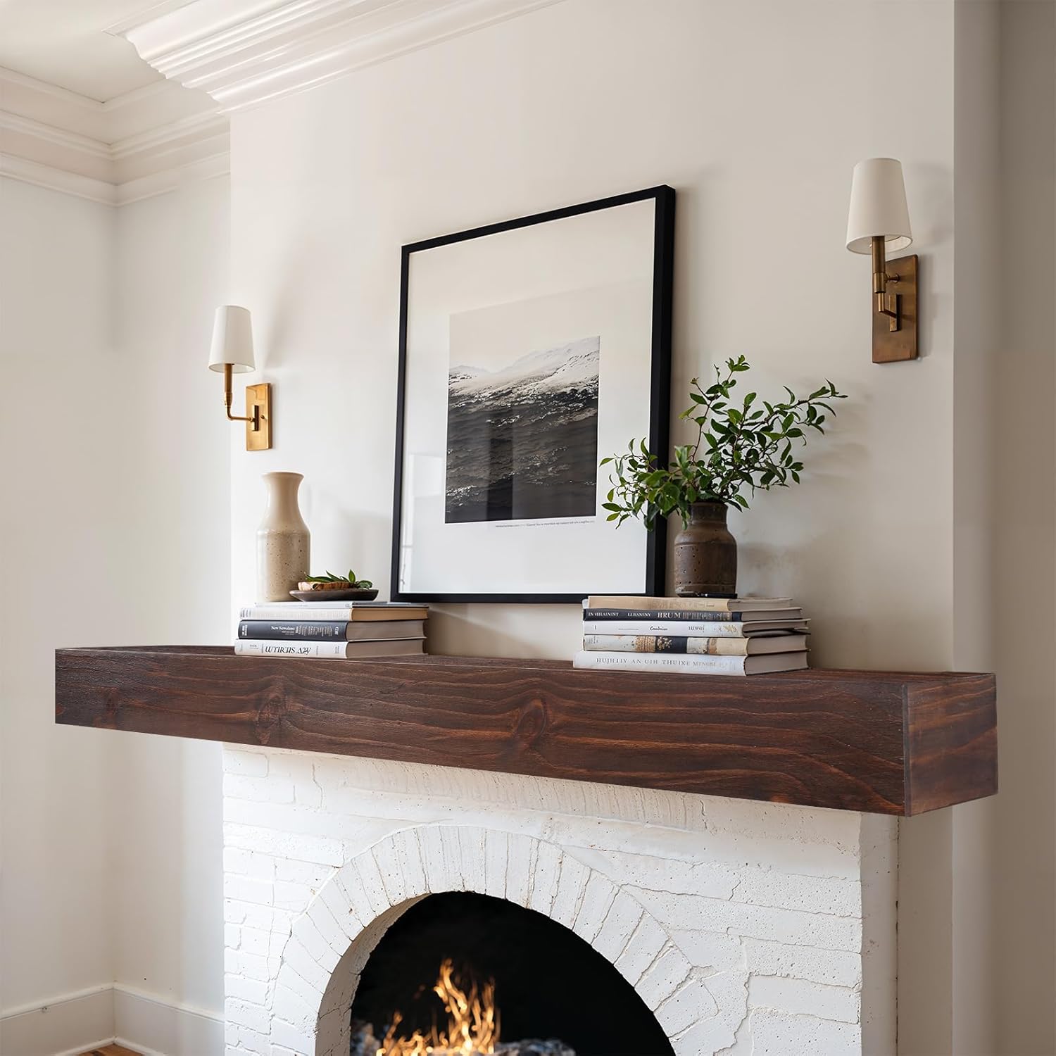 LXWZHK 60 Inch Rustic Fireplace Mantel Shelf - Wall Mounted Floating Wooden Hollow Shelf with Hidden Bracket, Dark Brown