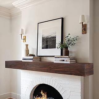 60” Fireplace Mantel, Rustic Wooden Hollow Shelf, Wall Mounted Mantel with Invisible Wooden Bracket, Dark Brown