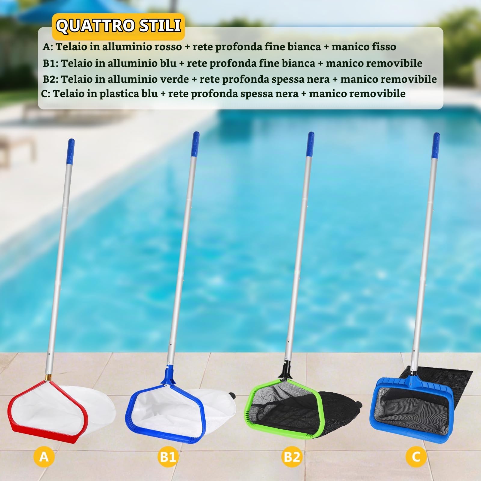 Épuisette pour Piscine, Filet de nettoyage avec Manche réglable 2,8m épuisette pour étang à Double couche, Filet Profond pour Piscine - Type B (Cadre Bleu Aluminium, Filet Fin Blanc Profond)