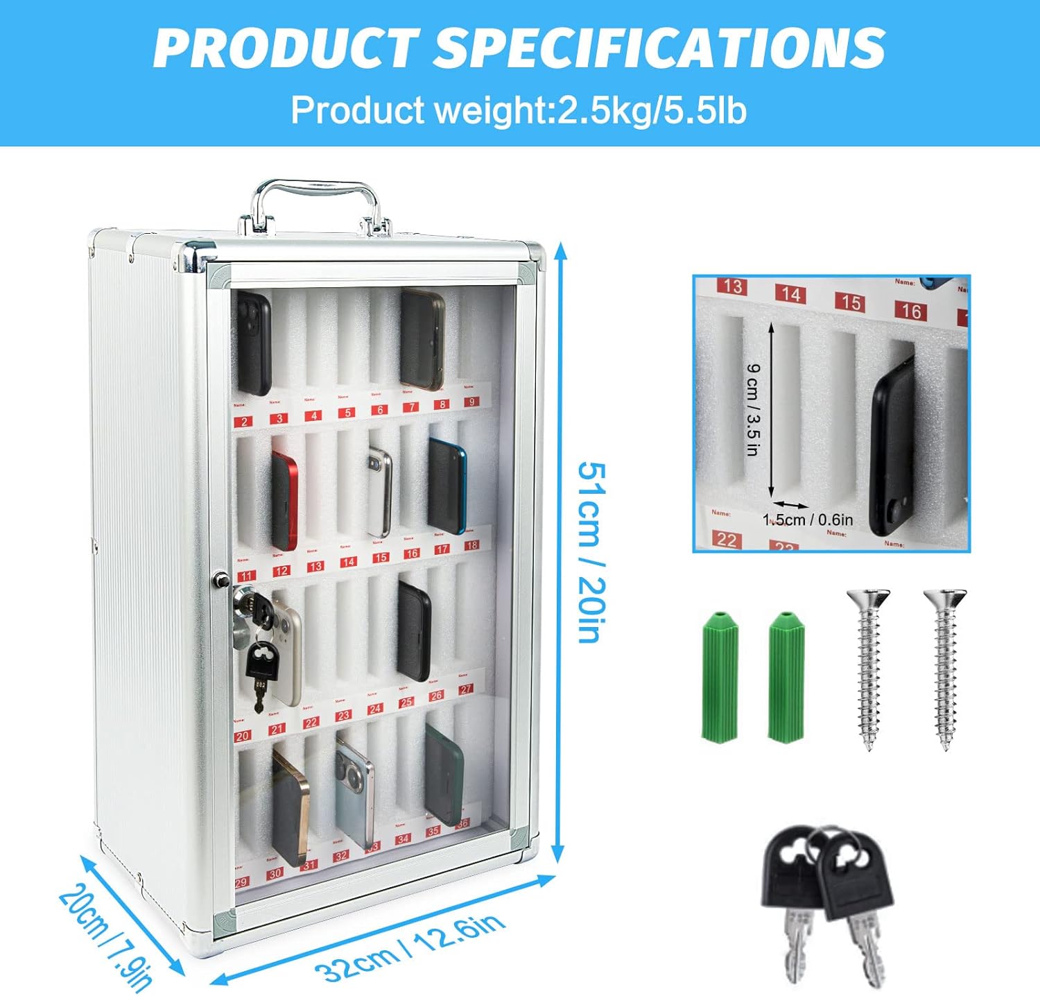 ajee 36 Slots Cell Phone Cabinet Silver Aluminum Alloy Pocket Chart Storage Locker Box/Portable Handle, Calculator Holder Organizer Key Lock & Handwritten Tags, Wall Mounted for Classroom Office Gym