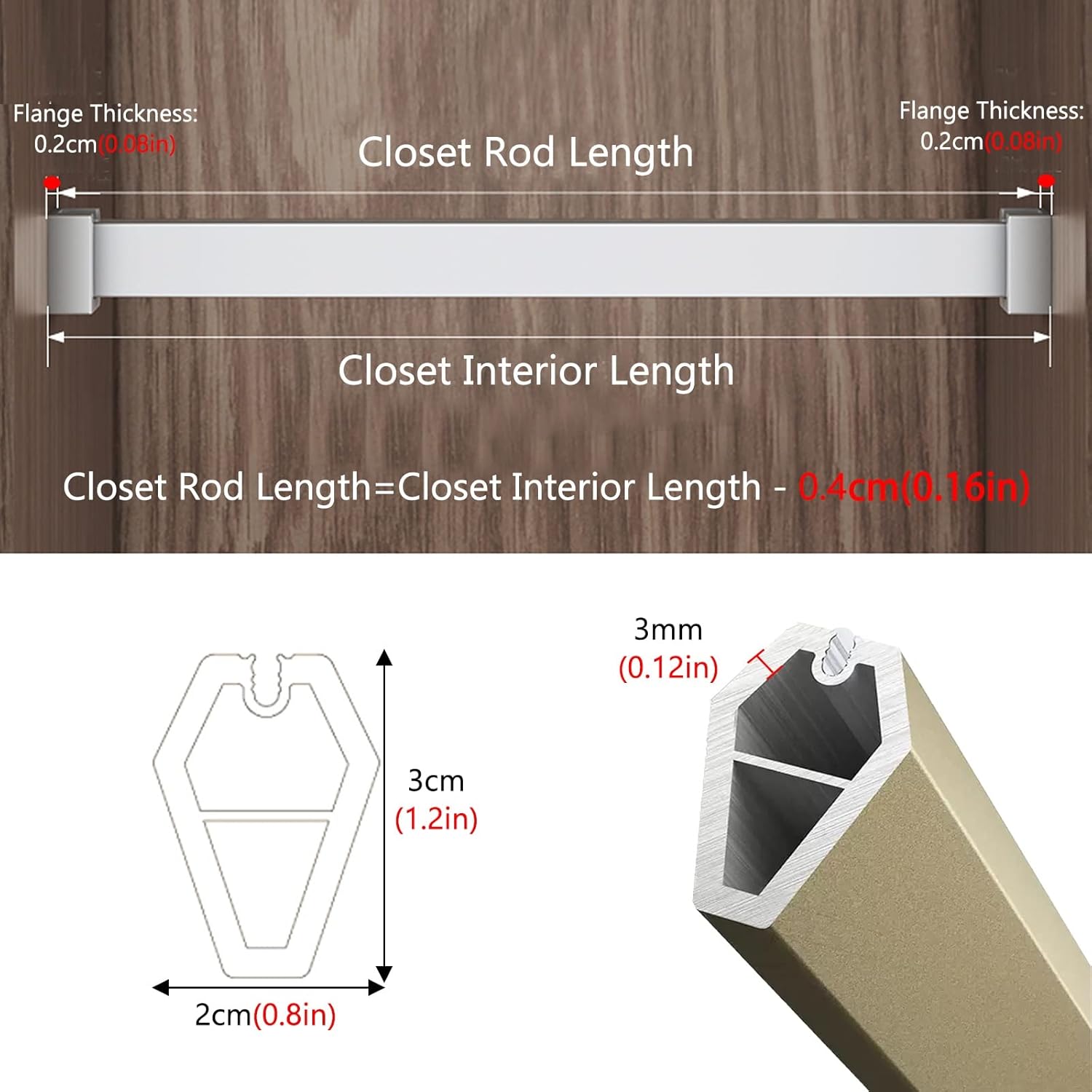 Wall Mount Gold Closet Rod from 38Cm to 160Cm, Aluminum Alloy Hanging Clothes Rod for Balcony/Laundry Room/Wardrobe, with Non-Slip Silence Strip/Gold/18In