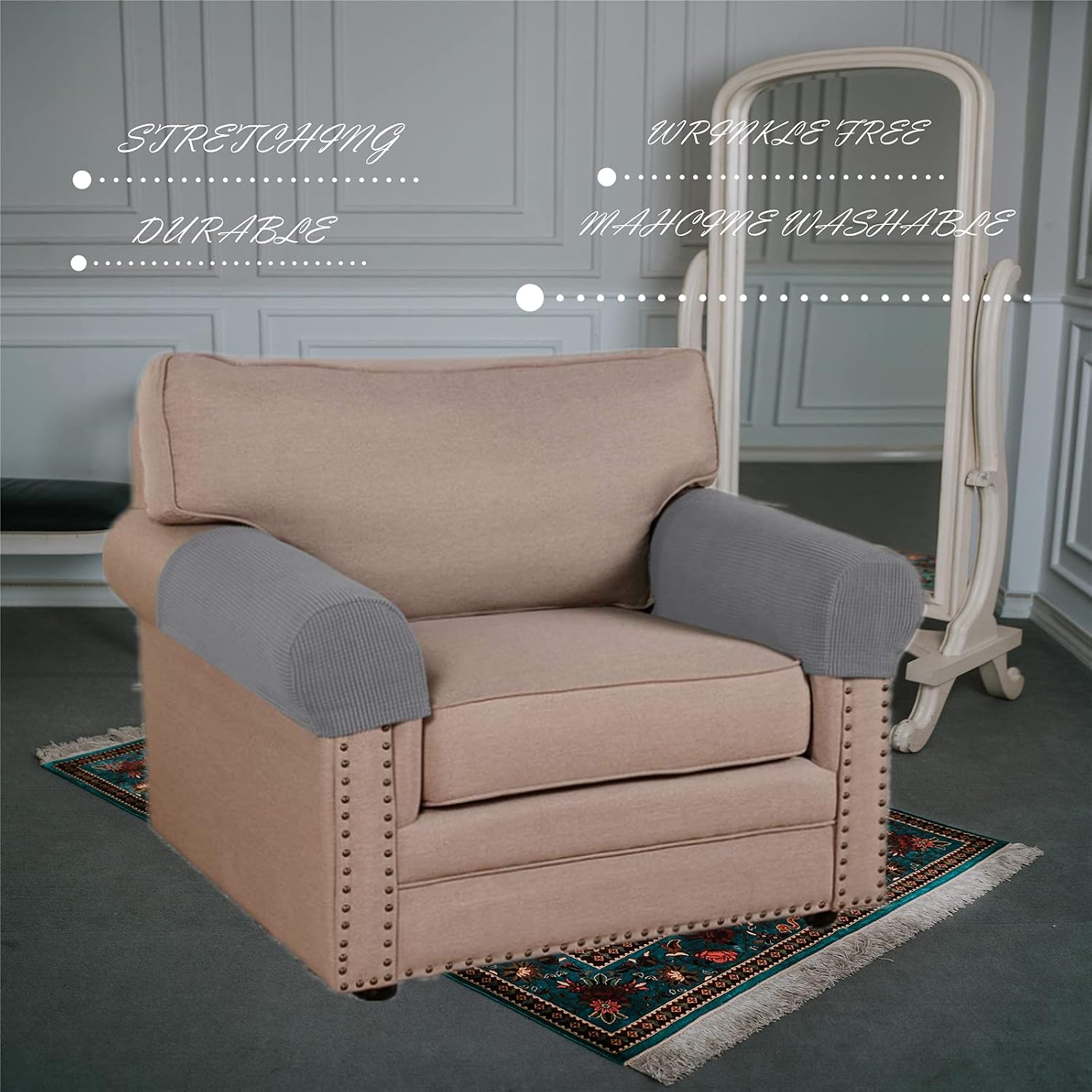 Stretch Armrest Covers (Set of 2) – Anti-Slip Spandex Jacquard Furniture Protectors for Chairs, Sofas & Recliners – Washable & Durable Slipcovers (Light Grey)
