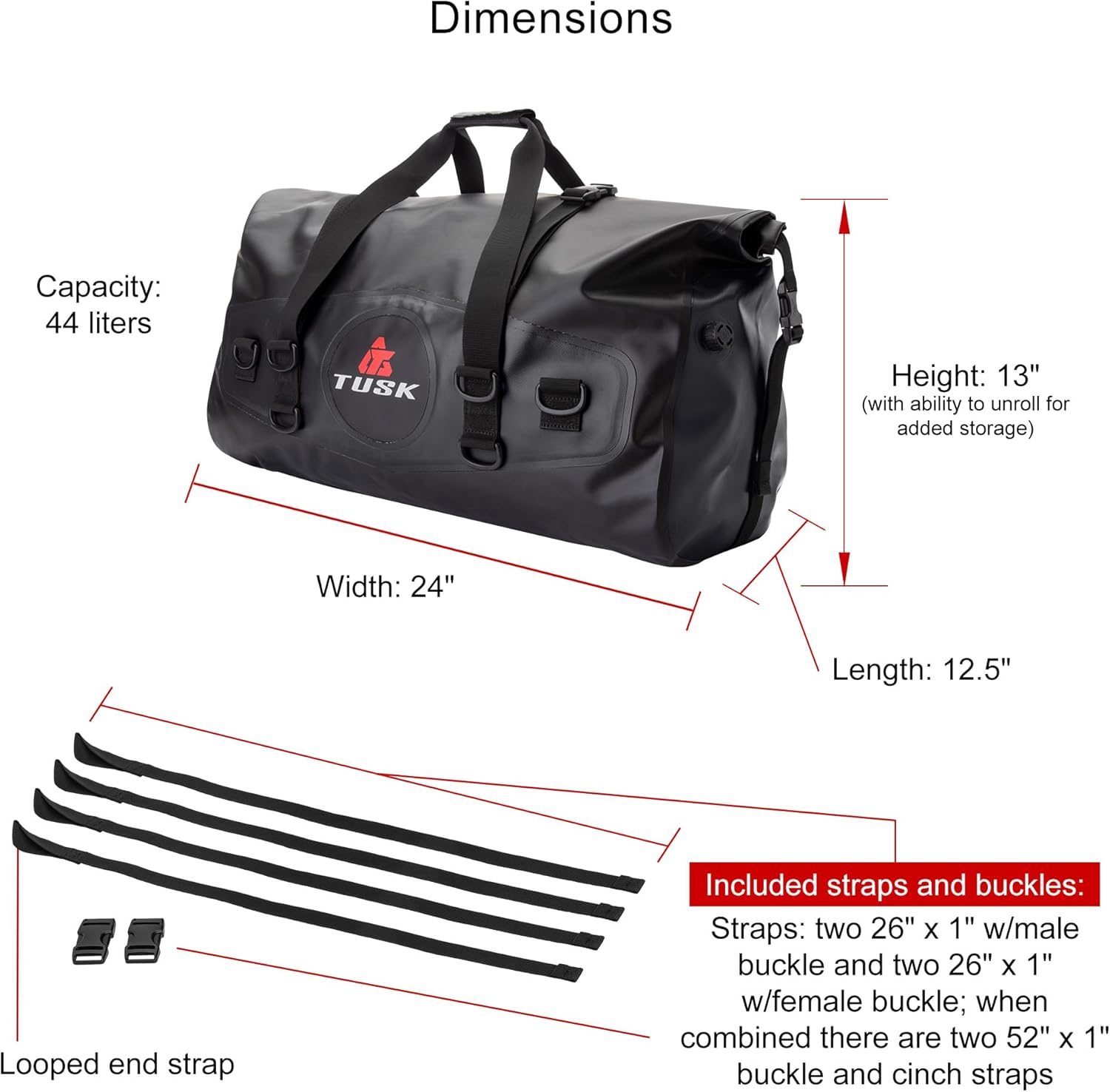 Tusk Dry Duffel Bag Large (44 Liters) Top Load Black/Grey - Waterproof Top Load Travel and Riding Gear Storage