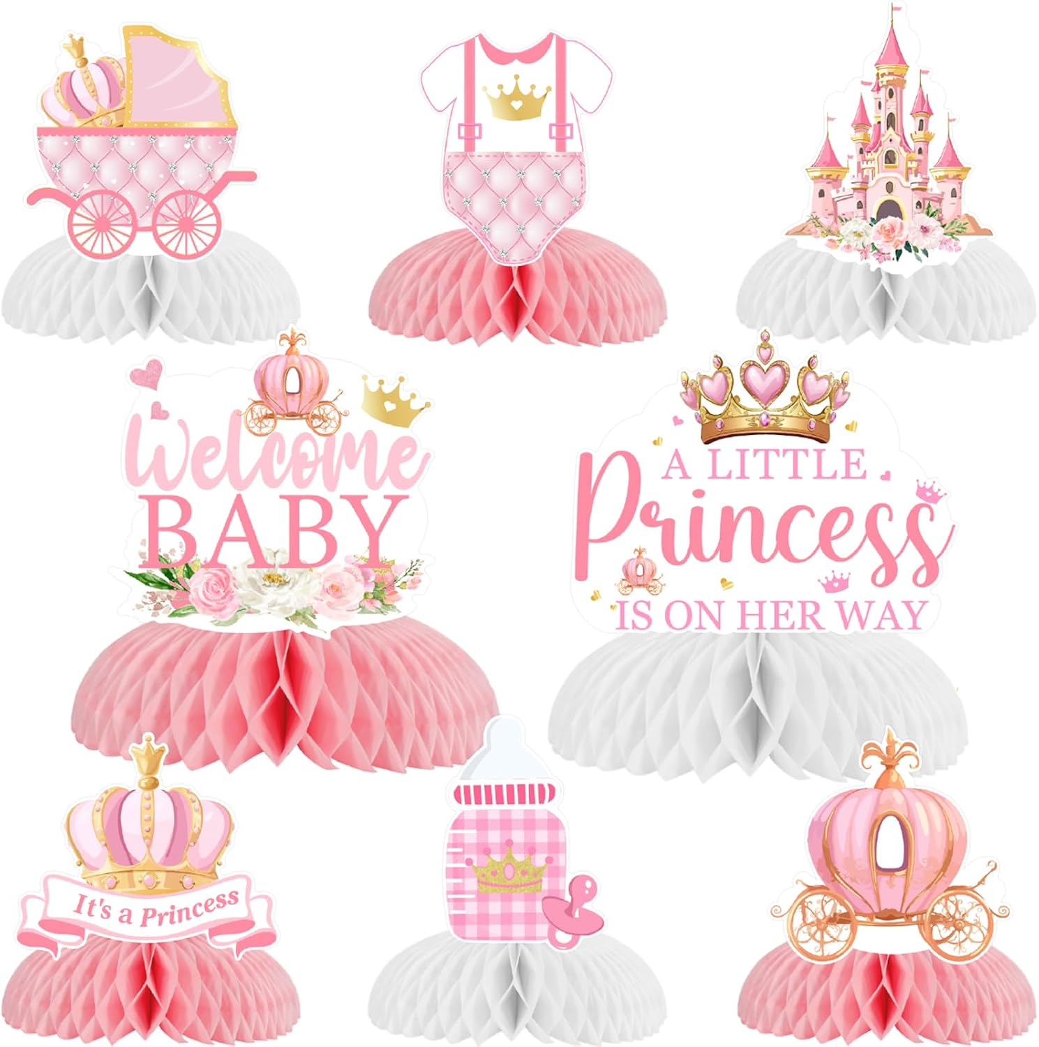 Princess Baby Shower Decorations for Girl - 8PCS Honeycomb Centerpieces, Pink and Gold Little Princess Crown Castle Theme Baby Shower Gender Reveal Table Decorations