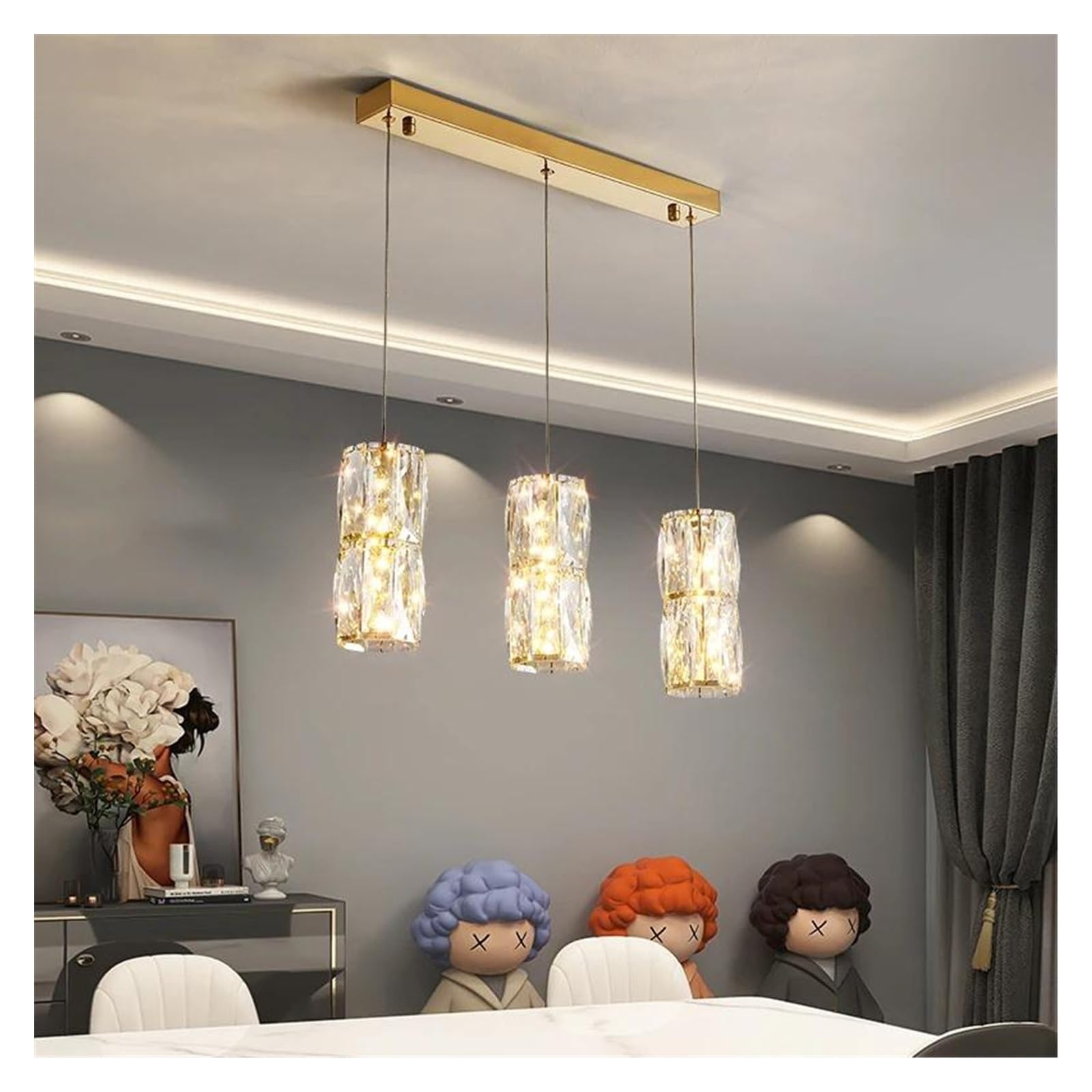 Lustre en cristal de luxe avec éclairage moderne 3 couleurs pour salle à manger