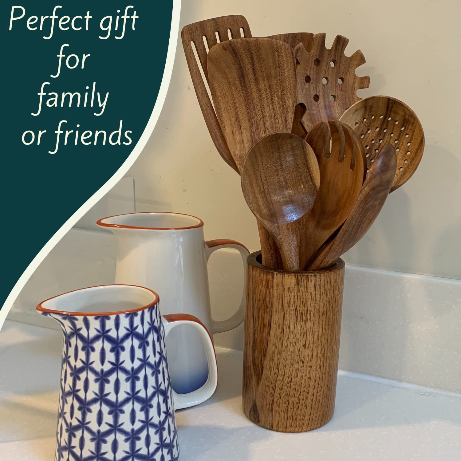 Küchenutensilien Set, Holzhalter, Löffelablage und Haken, 100% natürliches Teakholz Holz Küchenhelfer Set zum Kochen mit Spatel, Löffeln und Schöpfkelle in einem Stoffbeutel (19 Stück)