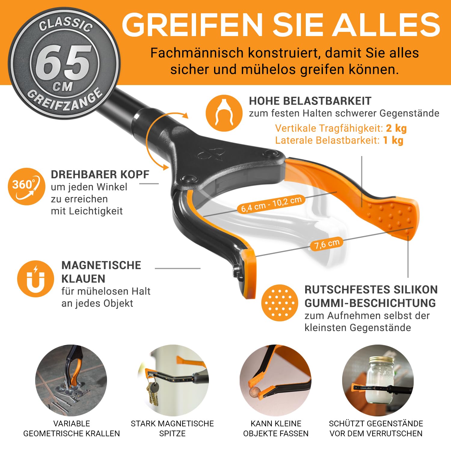 EZPIK 1 x 66 cm Greifer für Senioren mit Magnet-Greifarm, Robuste Greifzangen für Senioren, Menschen mit Behinderungen, Drehbare Müllgreifer Zange, Gehilfe mit Befestigungsclip (1er-Pack, Schwarz)