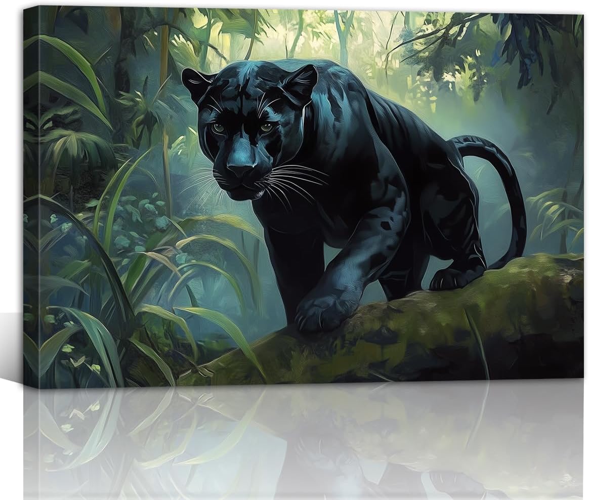 Panther Canvas Wall Art Black Leopard Picture Green Forest Animals Poster Wild Panther Framed for Living Room Decor(Animal-1,12x18inch (30x45cm))