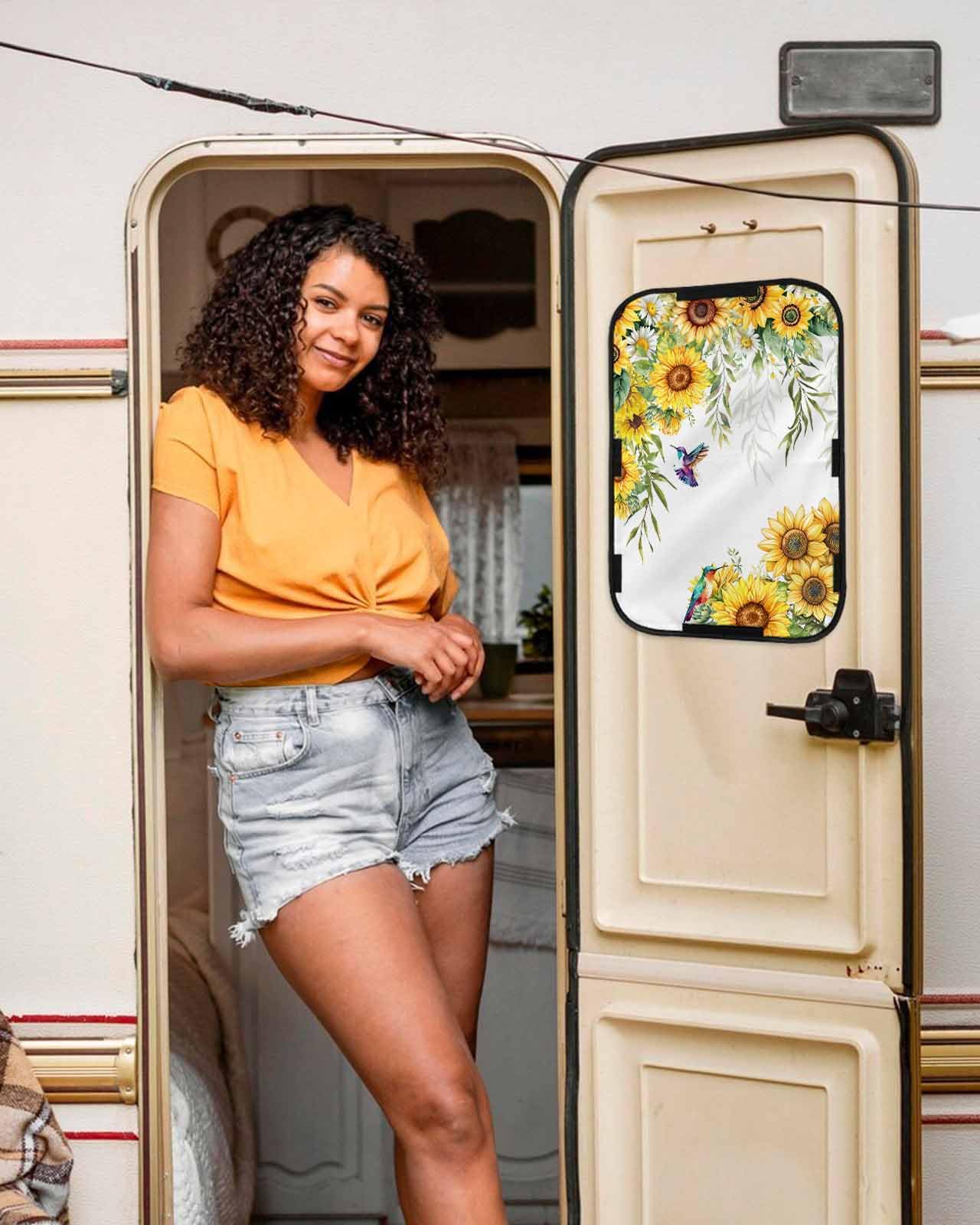 LEOKOTI RV Door Window Shade, Spring Sunflowers Blackout RV Window Shades Foldable, Birds Watercolor Botanical Garden Floral Privacy Insulation Car Covers 16