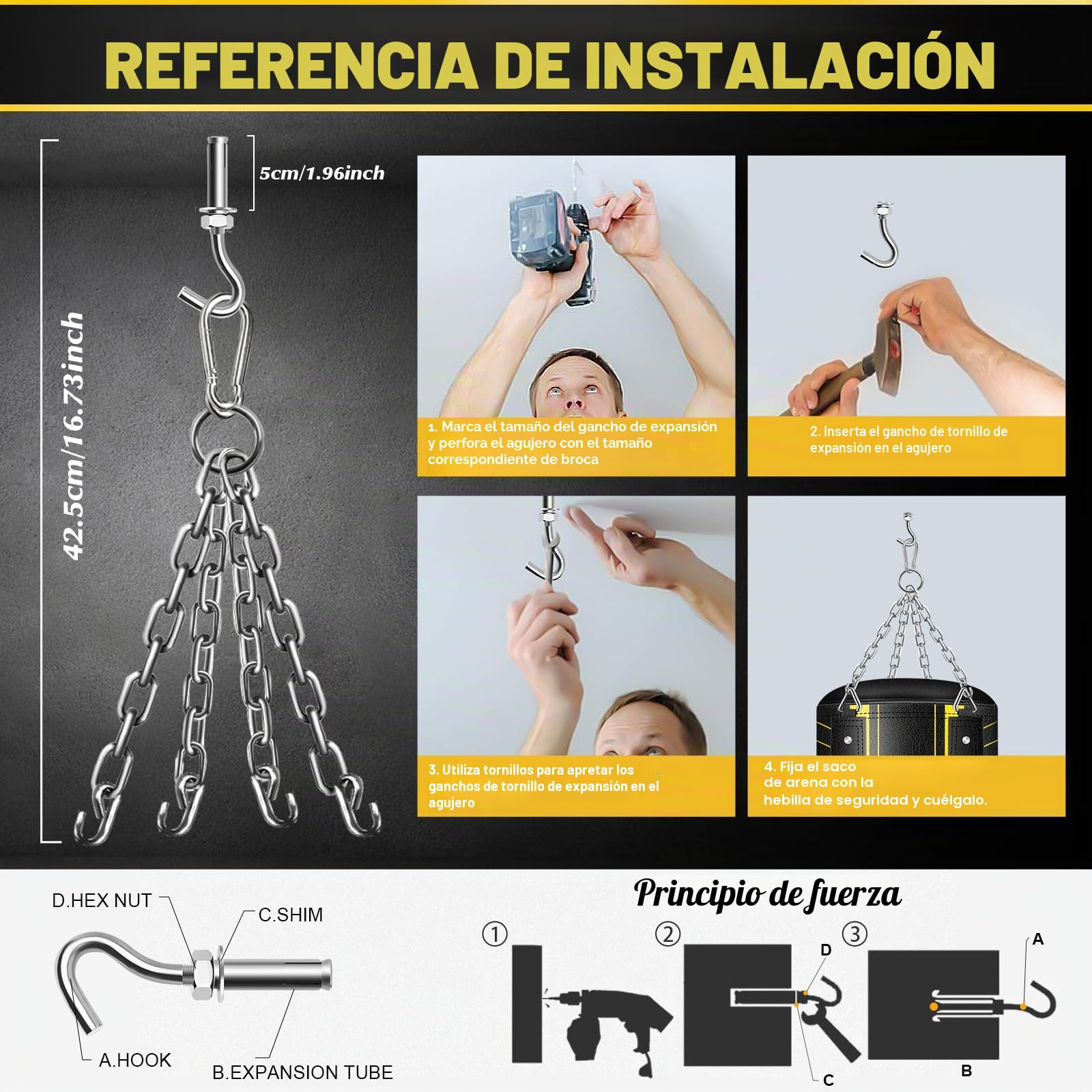 YORWHIN Saco de Boxeo Colgante para Adultos, 4 pies de Poliuretano Pesado con Gancho de Techo de Cadena, Equipo de Entrenamiento de Boxeo para Entrenamiento, Muay Thai, Karate, Kickboxing, Taekwondo