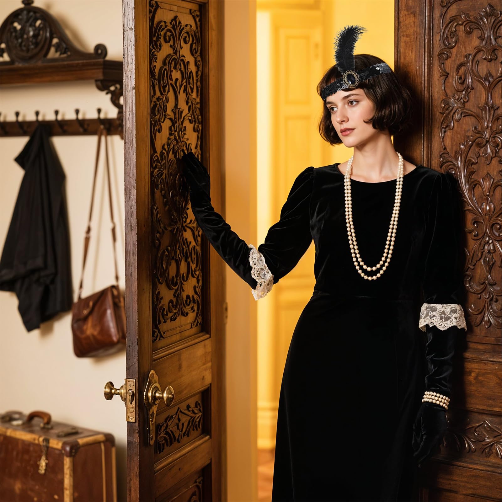 6 sztuk akcesoriów w stylu lat 20. XX wieku dla kobiet, akcesoria Great Gatsby z opaską na głowę, koraliki, naszyjniki, kolczyki, rękawiczki, rekwizyty trzymane w ręku do kostiumu ślubnego w stylu