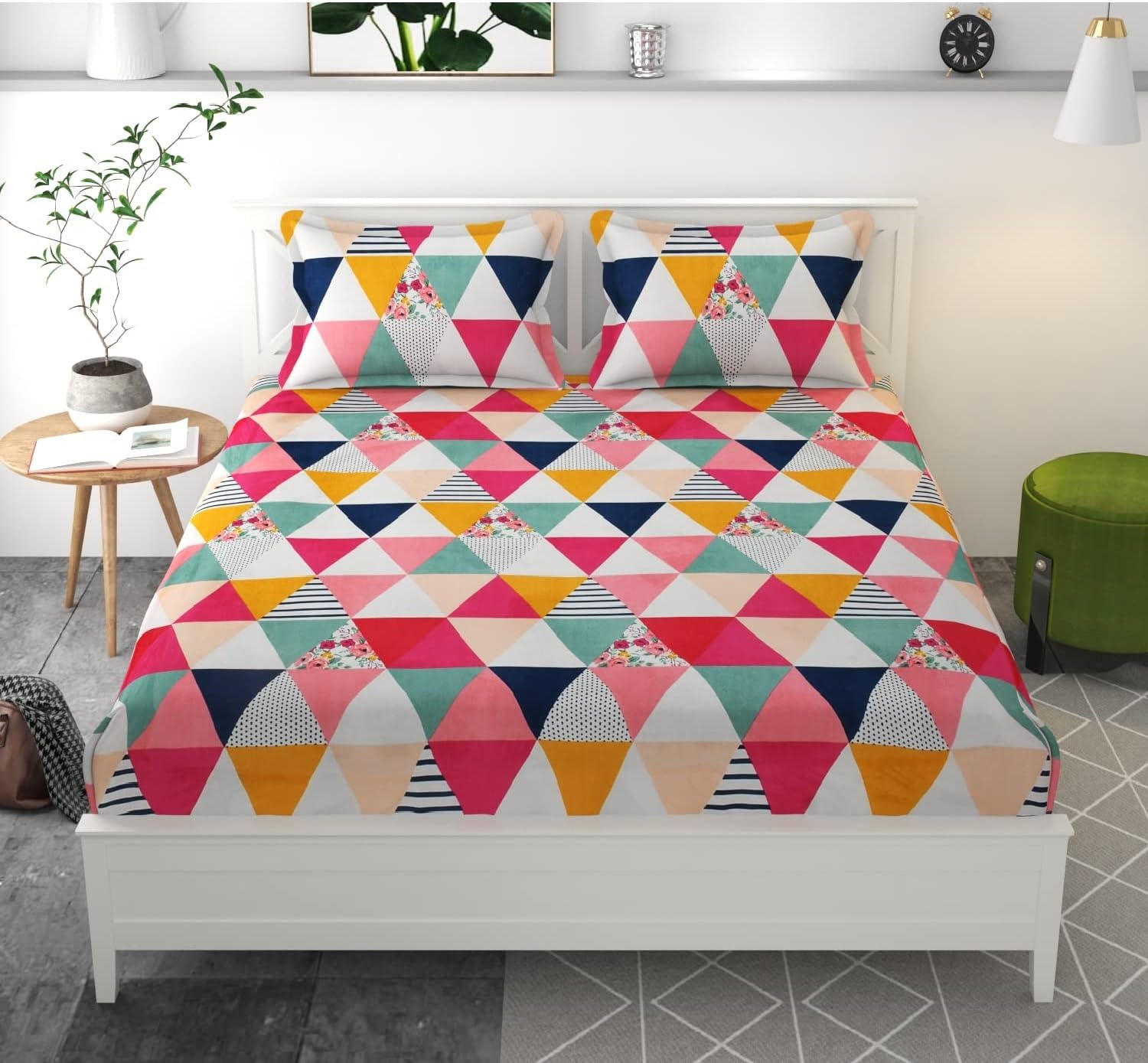 REDROME Cotton Feel All Around Elastic Fitted Bedsheets King Size, Premium Fitted Bedsheets King Size for Double Bed with 2 Pillow Covers, Size- 72” x 78” (Multi Triangle)-image-10