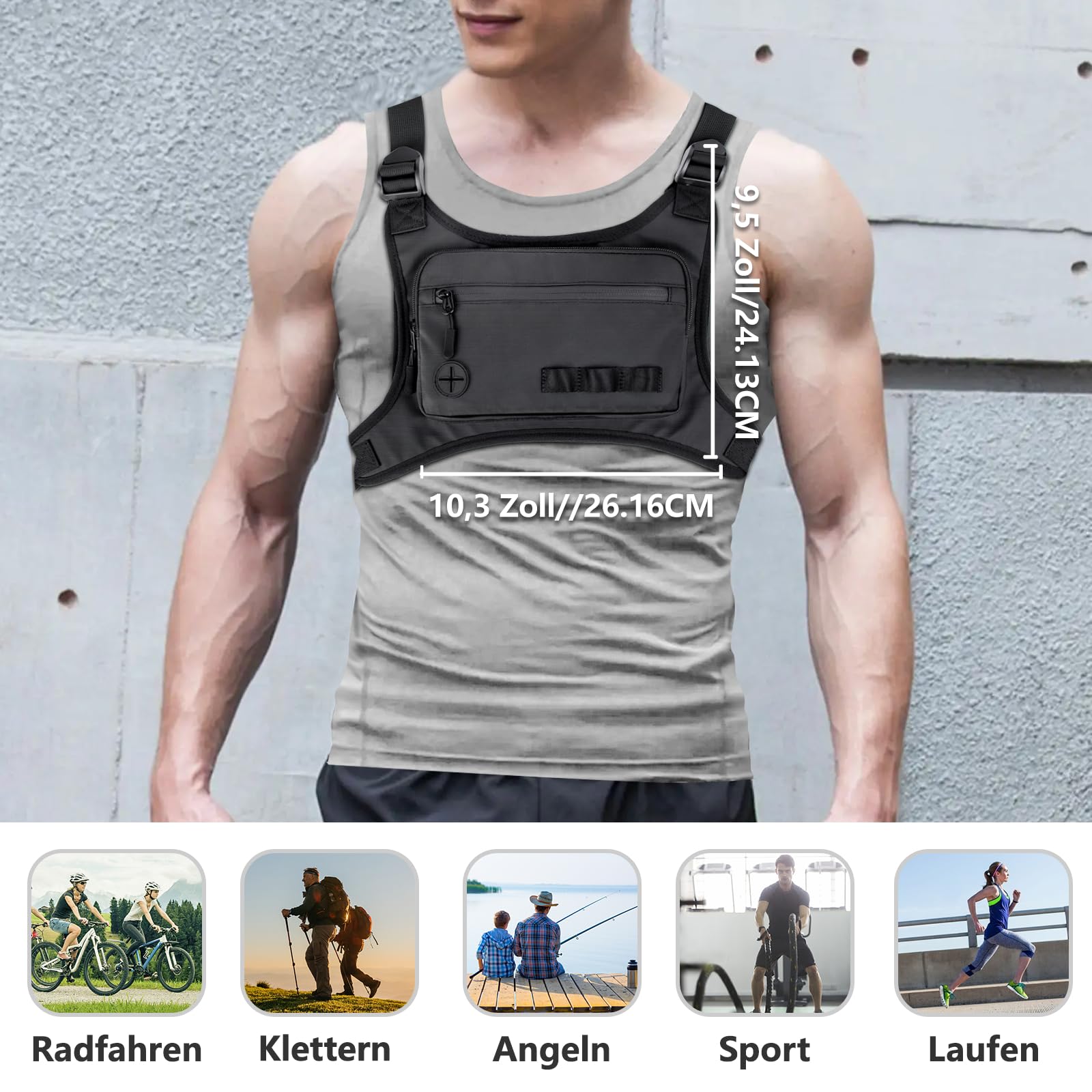 KINGSLONG Herren Brusttasche Leichte Taktische Brusttasche Sporttasche Schultertasche Wasserdichte Laufrucksack mit Tasche Zusätzlichem Stauraum für Traning Laufen Radfahren Wandern Camping Schwarz