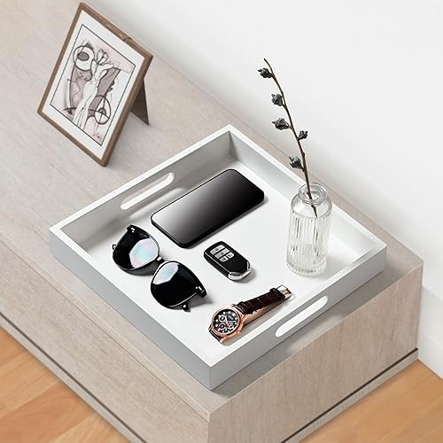 Miniatura 8 de Bandeja de madera blanca con asas, bandeja organizadora cuadrada de encimera de 12 x 12 x 2 pulgadas de alto, bandejas decorativas para cosméticos