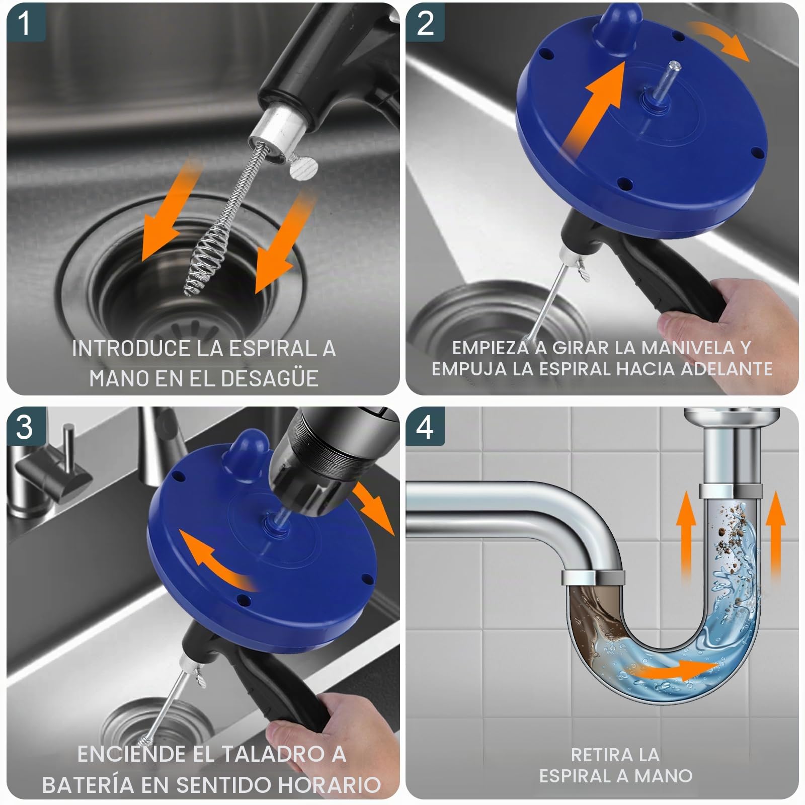 Desatascador Tuberias Profesional Espiral 7,5 Metros Desatascador Fregadero Alambre Desatascador Tuberias a Presion Guia Cable Limpia Desatascar Tuberias Canos Guia Desagues Maquina Cañerias