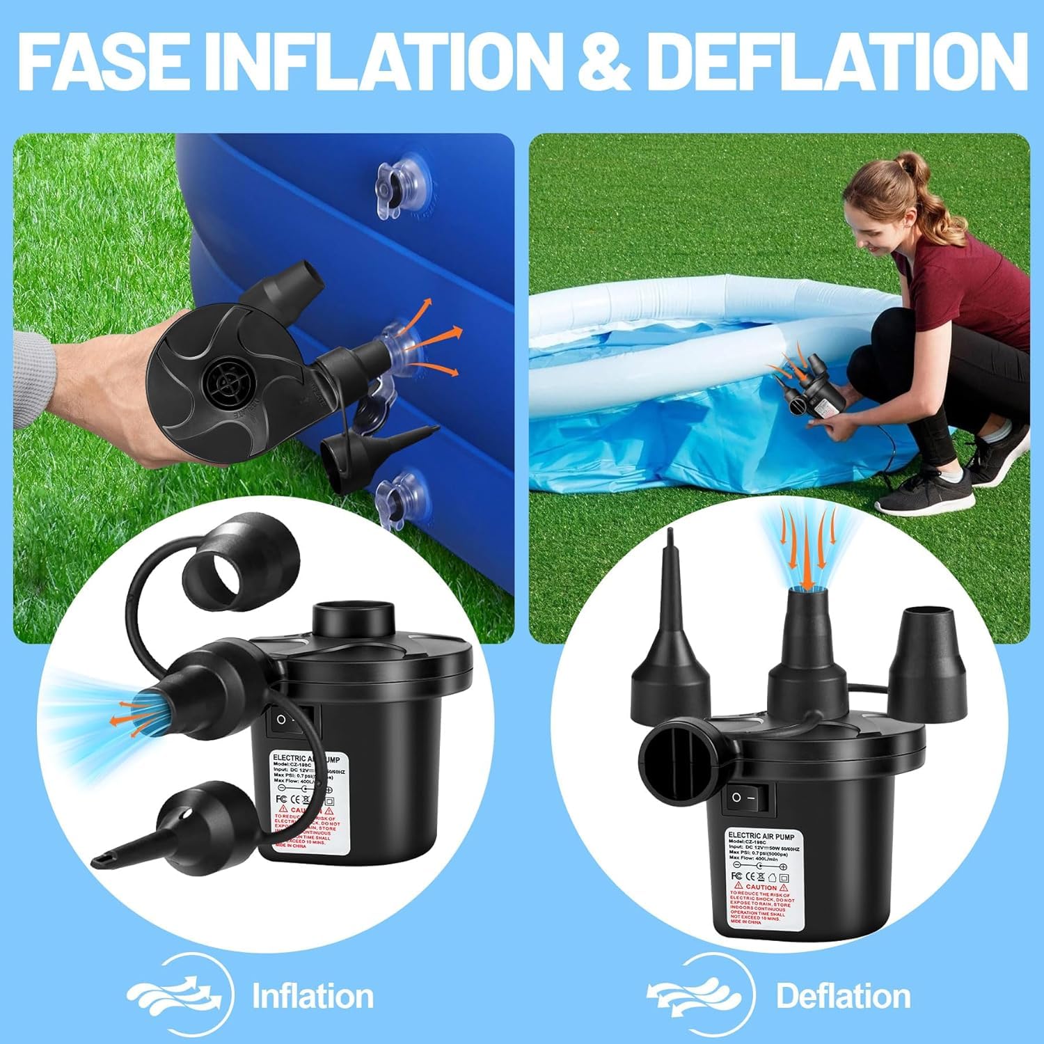 AearKing Inflador Electrico Colchon Hinchable, 2 en 1 Bomba de Aire Eléctrica Portátil con 3 Boquillas, Hinchador Electrico Piscina Hinchable con 2 Enchufes 110V-240V AC/12V 50W DC para Casa y Coche