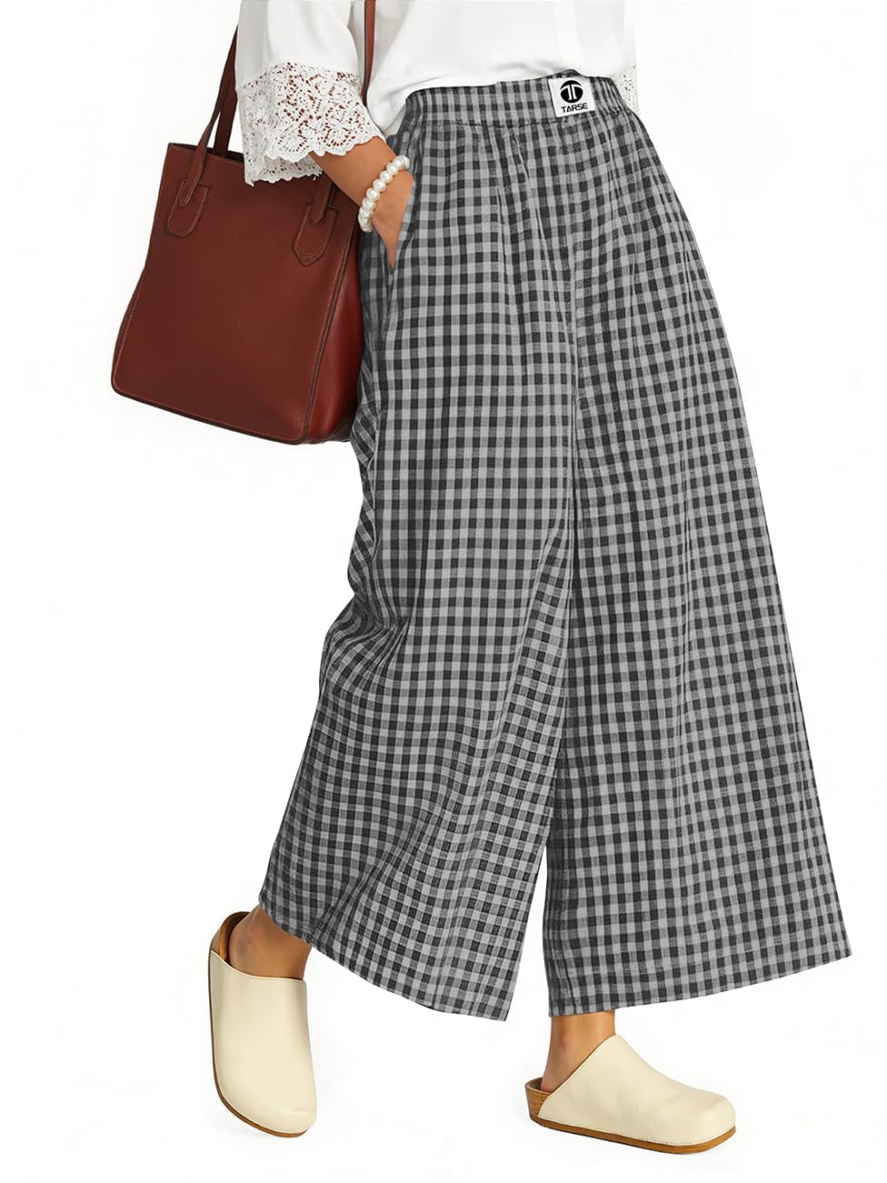 TARSE Womens Gingham Wide Leg Linen Capri Pants Casual Loose Plaid Culottes Elastic Waist Palazzo Pants with Pockets