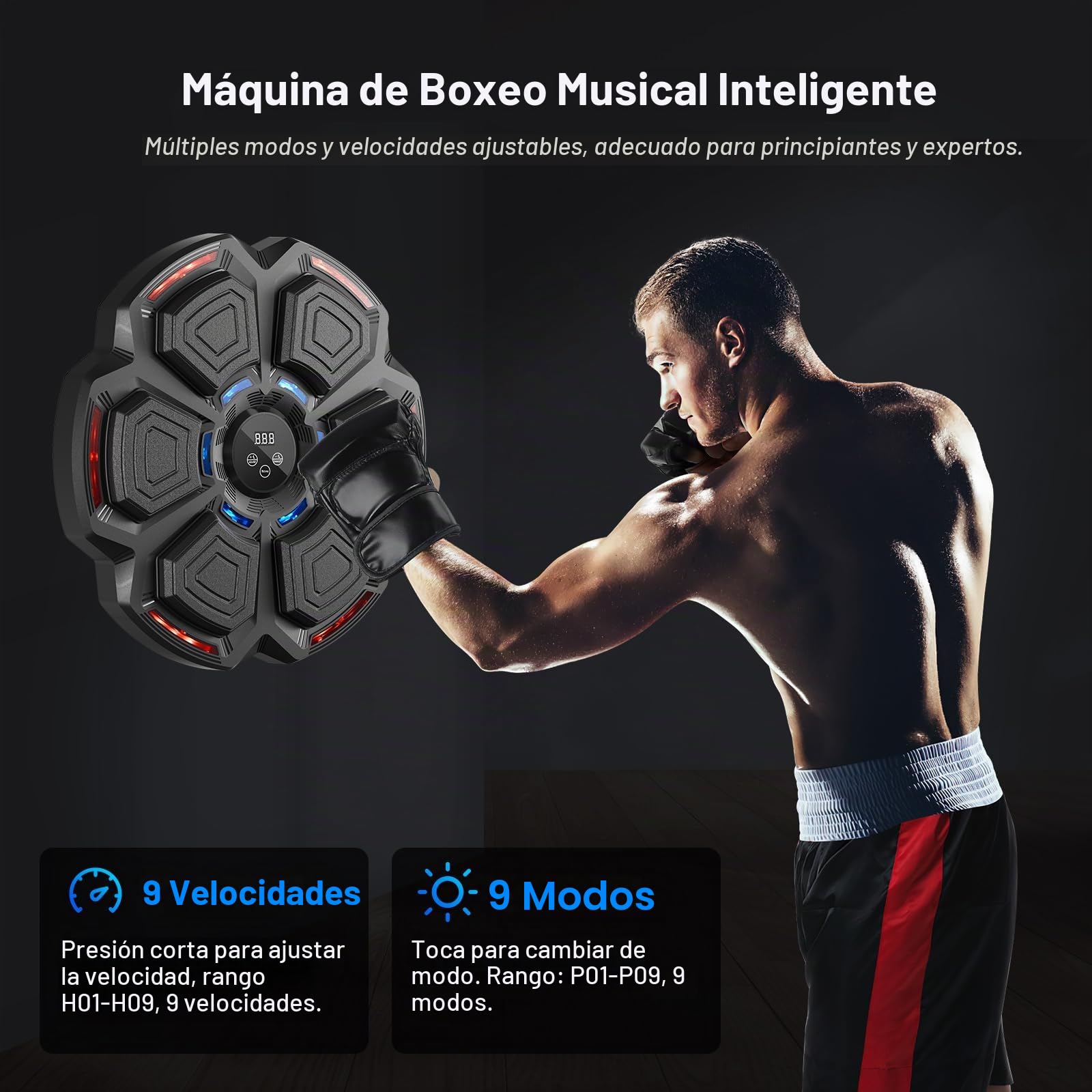 FOOING Máquina de Boxeo Musical Inteligente con Bluetooth, Luces LED y Niveles de Velocidad para Adultos y Niños, Equipo de Entrenamiento para Aliviar el Estrés con Guantes de Boxeo y Práctica Casa