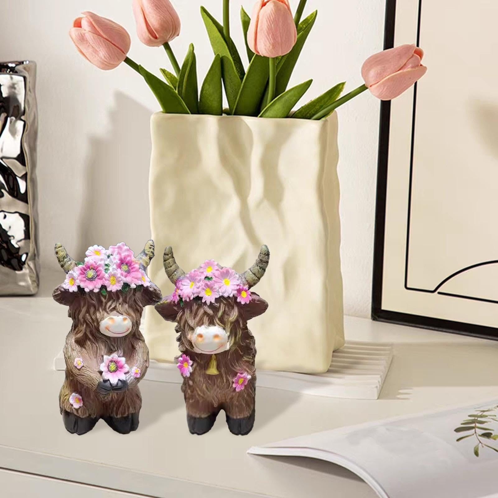 Statuina Decorativa Da Giardino – Mucca Delle Highlands In Resina Con Anatra In Vaschetta – 15 Cm – Regalo Autunnale - 2