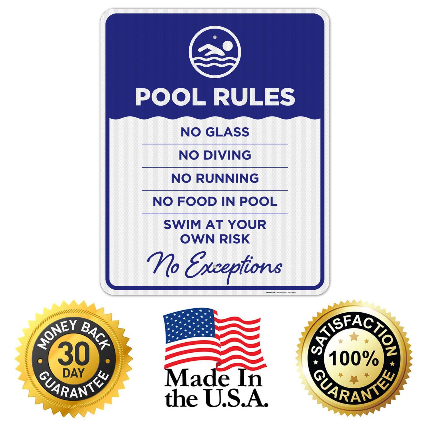 Pool Rules No Exceptions Sign, Pool Sign, 24x30 Inches, Rust Free .063 Aluminum, Fade Resistant, Indoor/Outdoor Use, Made in USA
