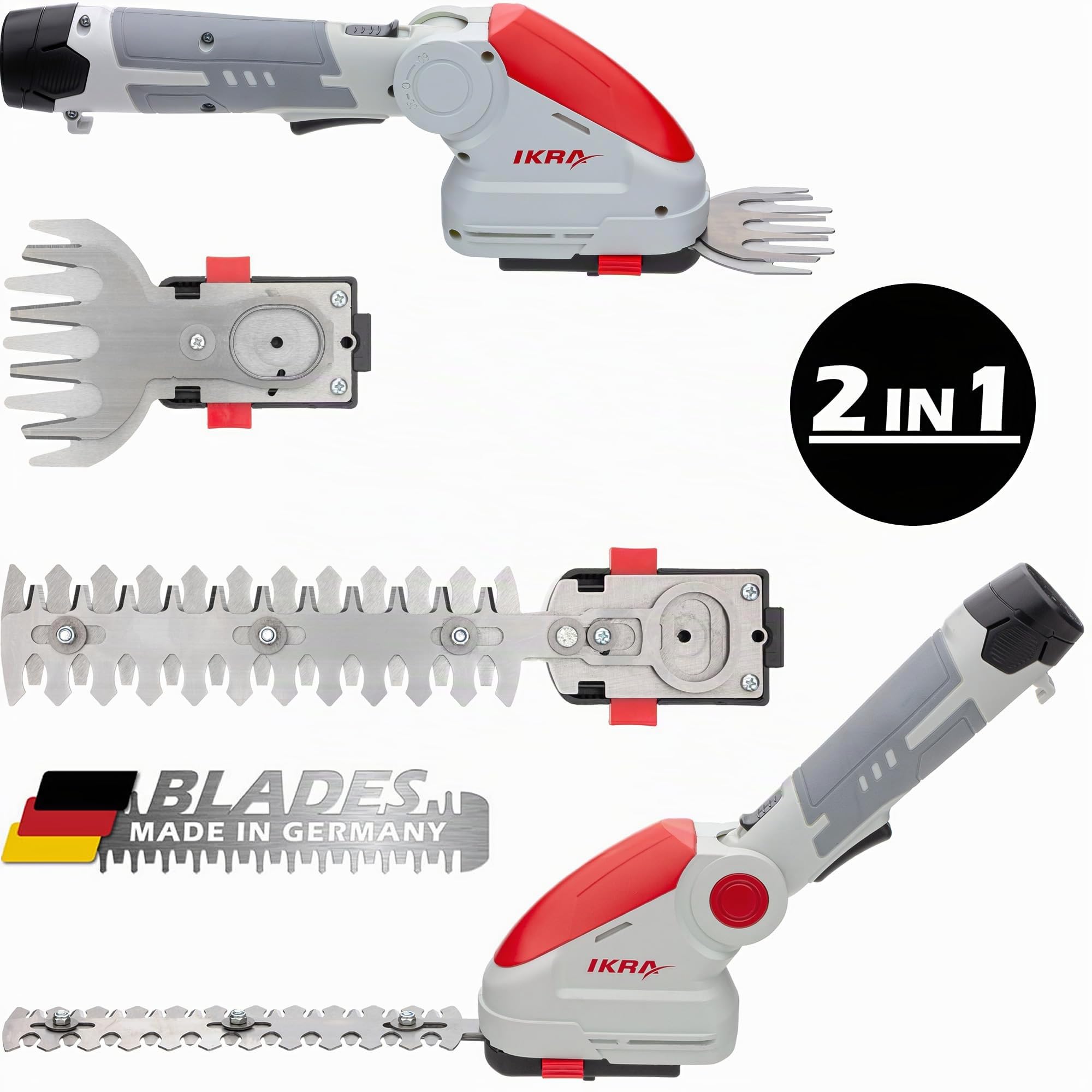 IKRA Tijeras para Hierba y arbustos telescópica a batería IGBS 1210F | Incluye batería de 12 V y cargador, mango de 7 posiciones, cuchillas «Made in Germany», gama de baterías IKRA de 12 V