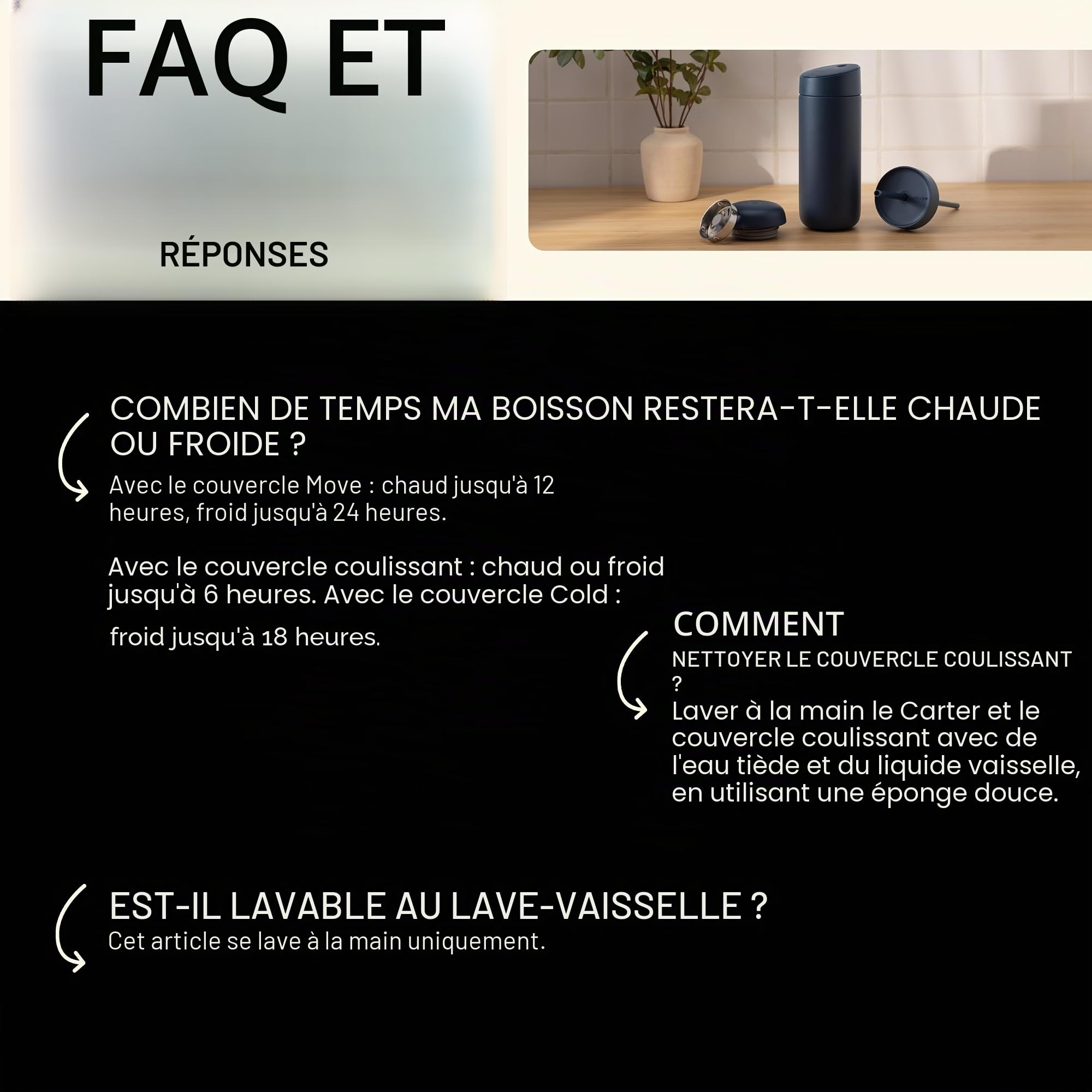 Fellow Tasse de voyage 3 en 1 avec fermeture coulissante, couvercles Move & Cold avec paille – Tasse à café à emporter – Intérieur en céramique et acier inoxydable isolé sous vide – Tasses à café