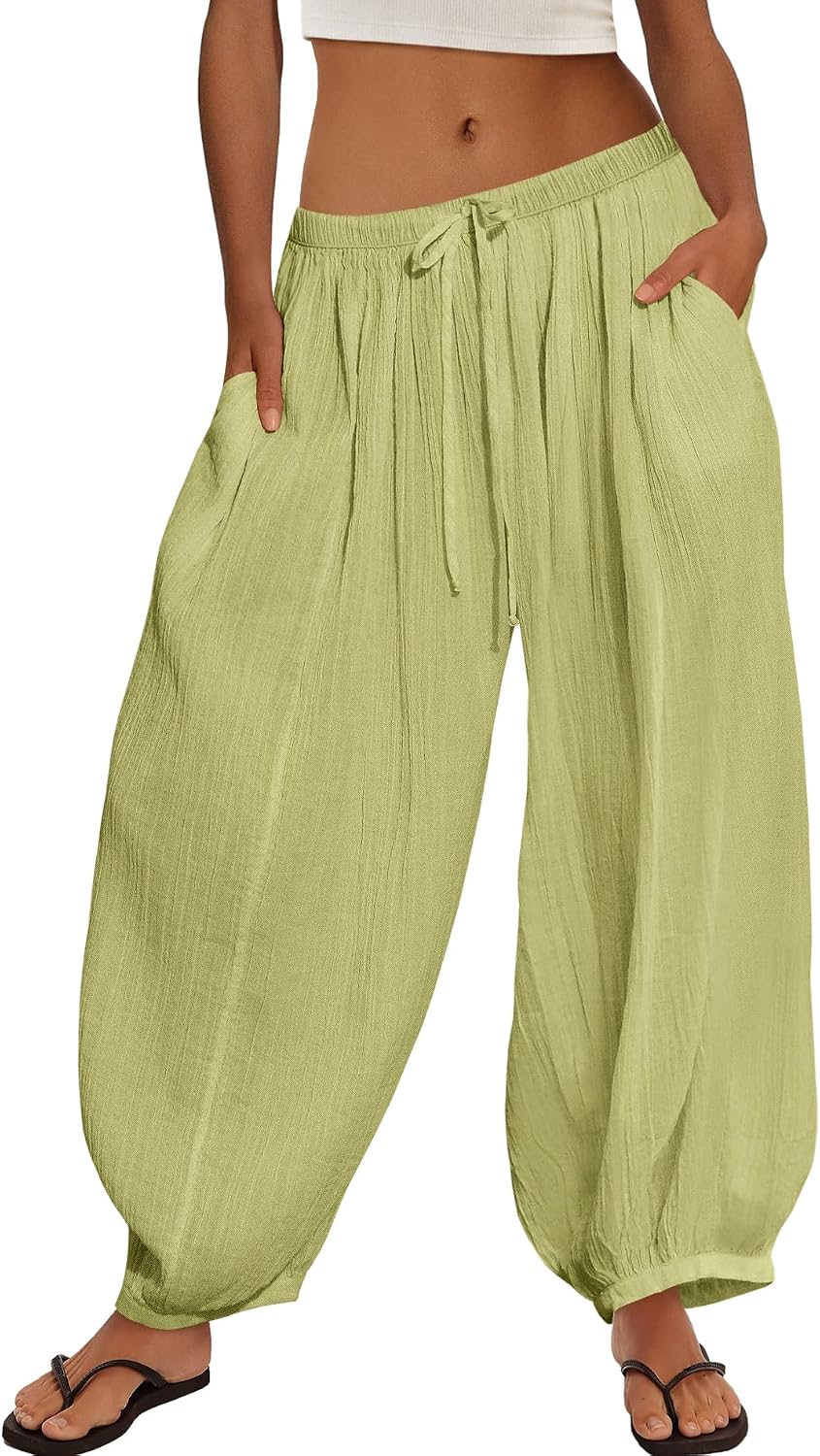 ReachMe Womens Balloon Harem Pants Sheer Summer Elastic Waist Baggy Pants Drawstring Wide Leg Trousers Bottoms(Grass Green,XL)