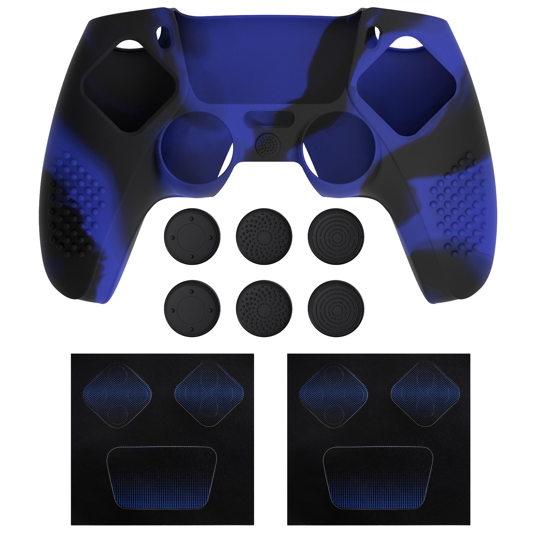 PlayVital Funda de Silicona Actualizada para ps5 Controlador - Cubierta Ergonómica con 6 Tapas de Joysitck & 2 Pegatinas, Protector Compatible con ps5 Base de Carga Oficial (3D Tachonado-Azul Negro)