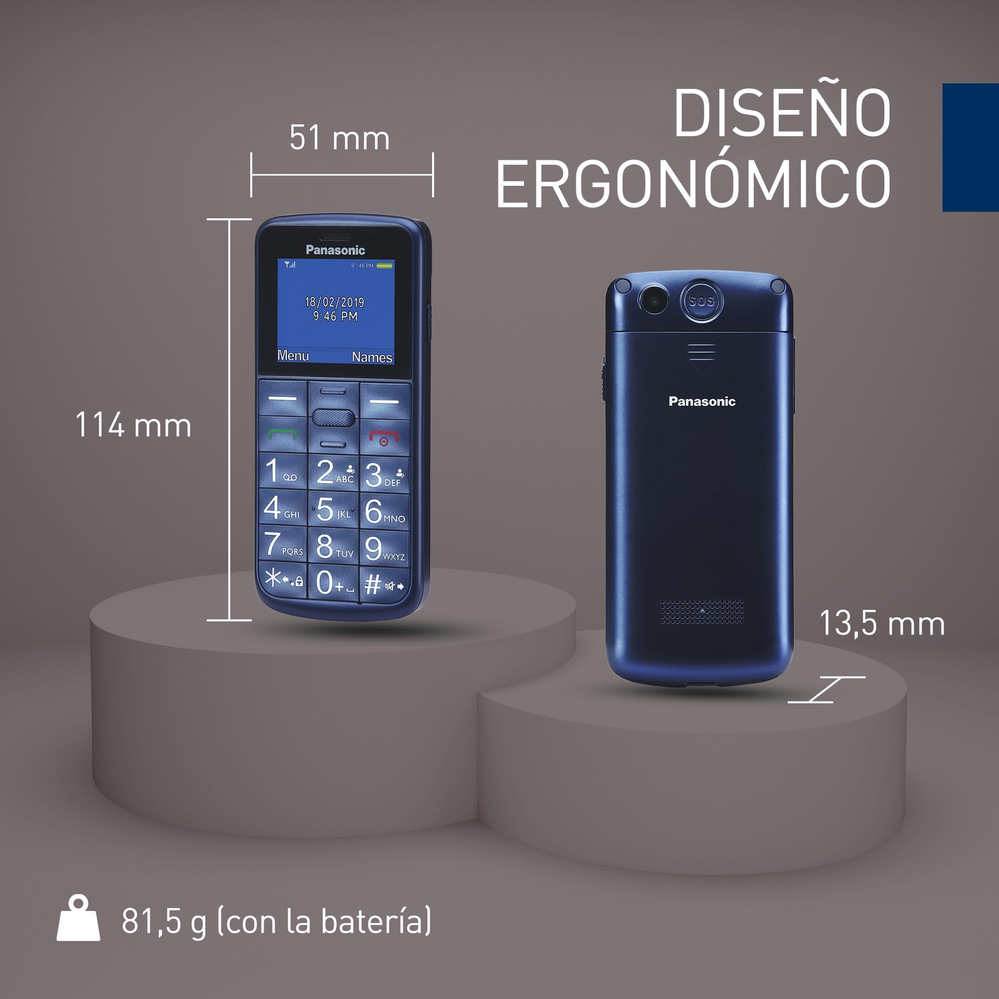 Panasonic KX-TU110EXC 2G, Teléfono Móvil para Mayores, con Botón SOS, Llamada Prioritaria, Teléfono con Botones Grandes, Bluetooth, Linterna, Cámara, Azul
