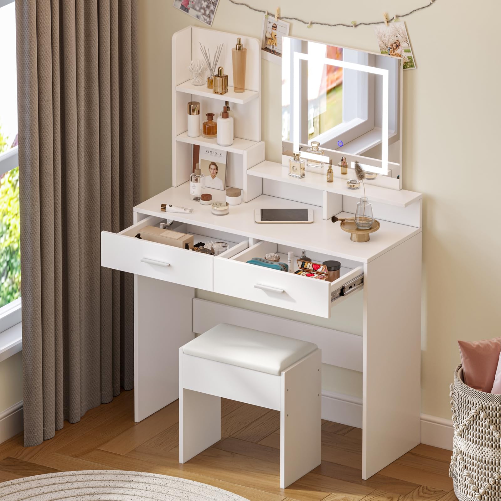 Mesa de Tocador con Espejo de Luz LED Regulable, 2 Cajones Grandes, 5 Áreas de Almacenaje Abiertas para Dormitorio, Moderno Diseño, 90x35x130 cm, Blanco