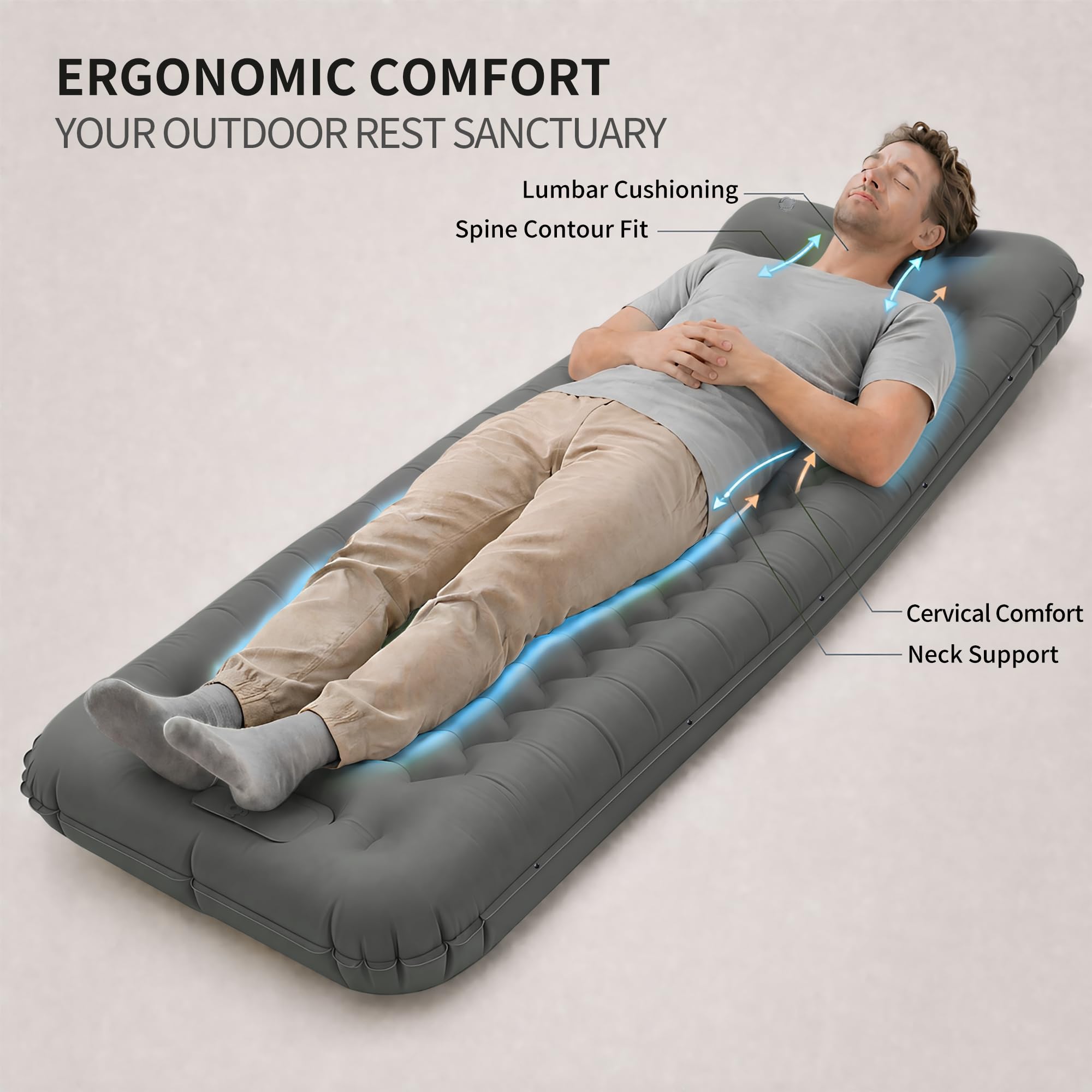Materasso Gonfiabile Extra Spesso e Extra Largo, Materasso da Campeggio con Pompa a Piedi, Leggero e Durabile per Outdoor Camping (Grigio)