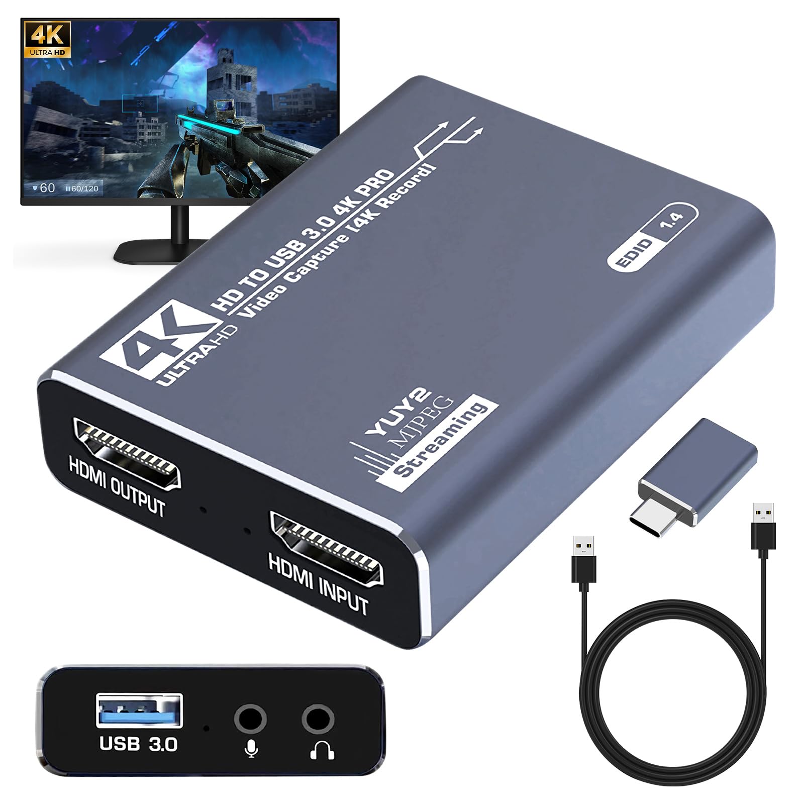 video Capture card HDMI a USB 3.0, 1080P 60Hz Audio 4K Loop-Out, Scheda di registrazione per PS4/PC/OBS/Fotocamera/Streaming/Insegnamento