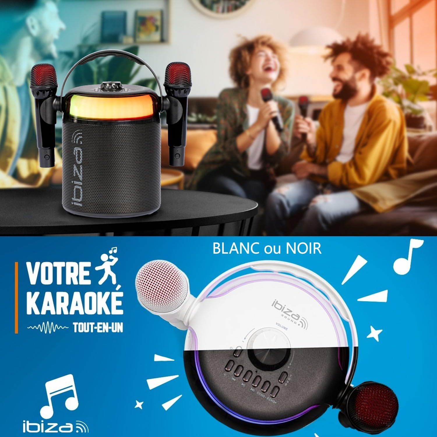 Ibiza - Pack Karaoké Enceinte Bluetooth Autonome Portable Ibiza Sound KARAHOME-BK 120W USB 2 Micros sans Fil - Effet Lumière Party-ASTRO6