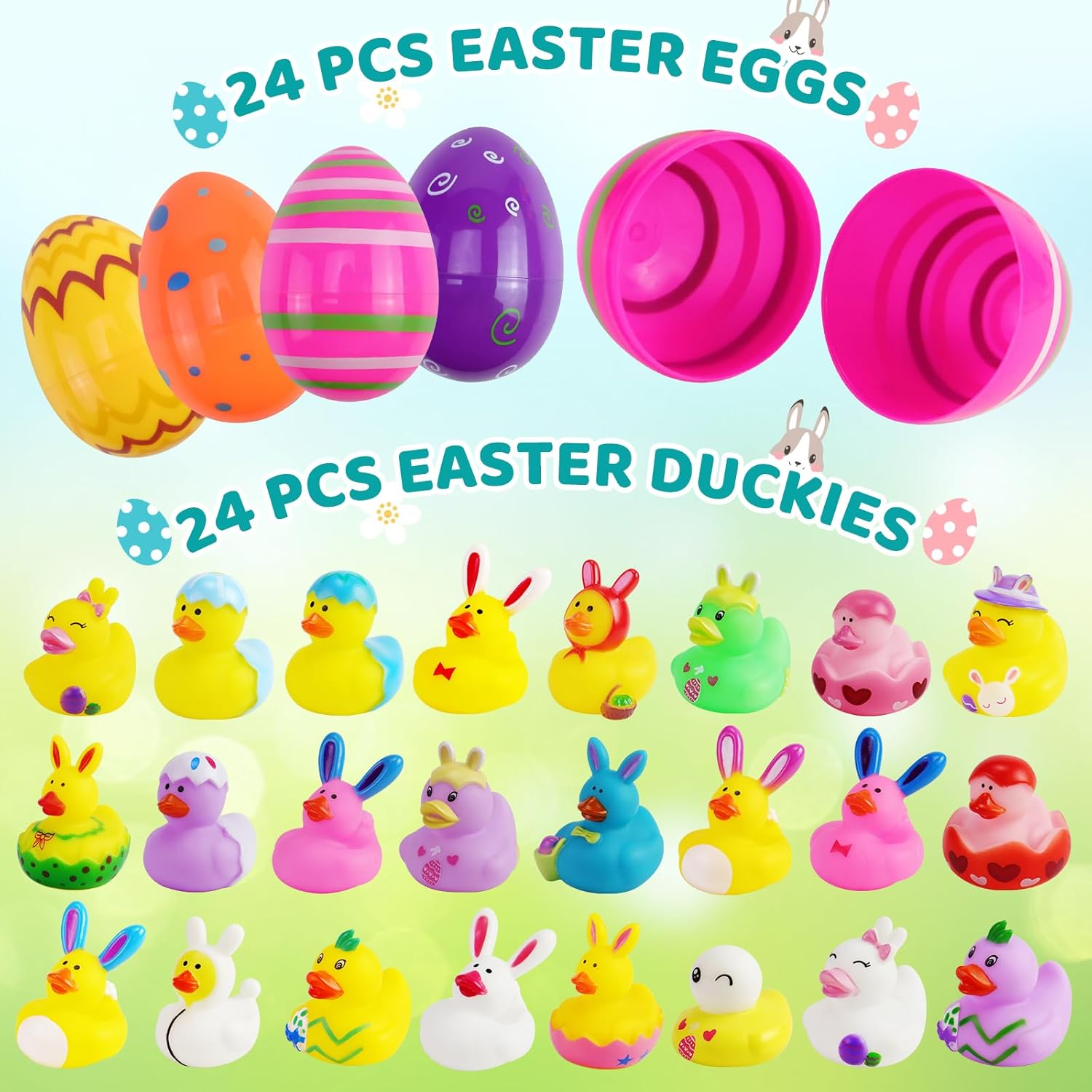 24pcs Prefilled Easter Eggs with Toys, Printed Plastic Easter Eggs with Rubber Ducks Bunny Ear Rabbit Eggshell Rubber Duckies, Easter Basket Stuffers Egg Hunt Gifts for Kids