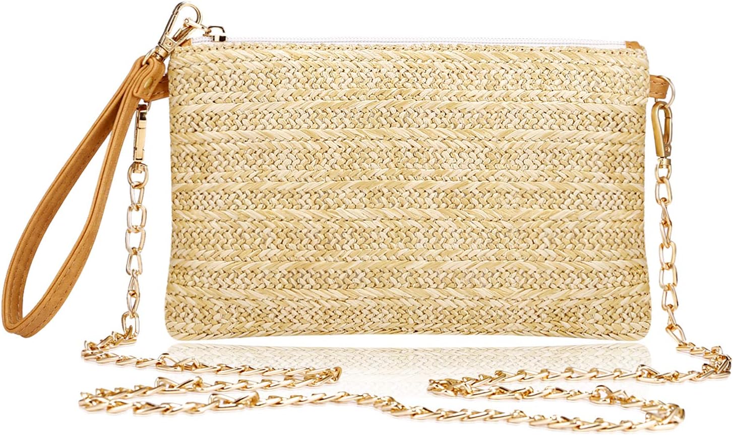 Womens Straw Clutch Bag Bohemian Summer Beach Straw Purse Zipper Wristlet Wallets for Women