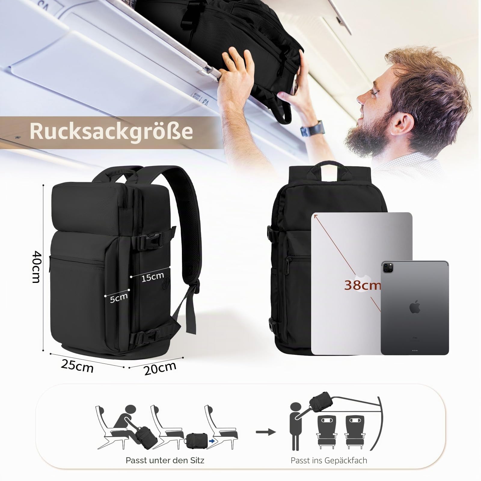 Ryanair Handgepäck Rucksack 40x20x25, 20L Reiserucksack Unter Sitz, Kabinentasche Flugzeug, Carry-on Laptoprucksack für Herren Damen Klein Schwarz