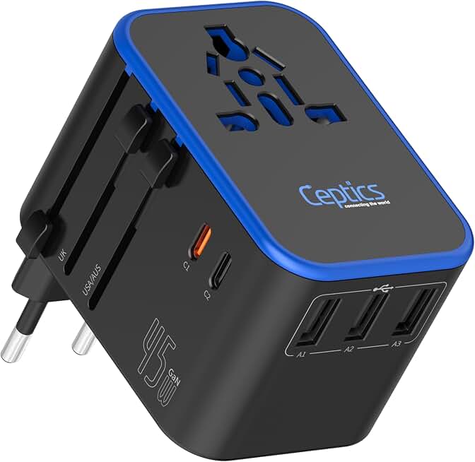 Ceptics Universal Travel Adapter, 45W International Power Adapter with PD & QC 3.0 Dual USB-C, 3 USB Travel Adapter Worldwide, Type I C G A Outlets - EU Euro US UK (11-KU)