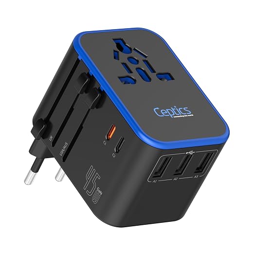 Ceptics Universal Travel Adapter, 45W International Power Adapter with PD & QC 3.0 Dual USB-C, 3 USB Travel Adapter Worldwide, Type I C G A Outlets - EU Euro US UK (11-KU)
