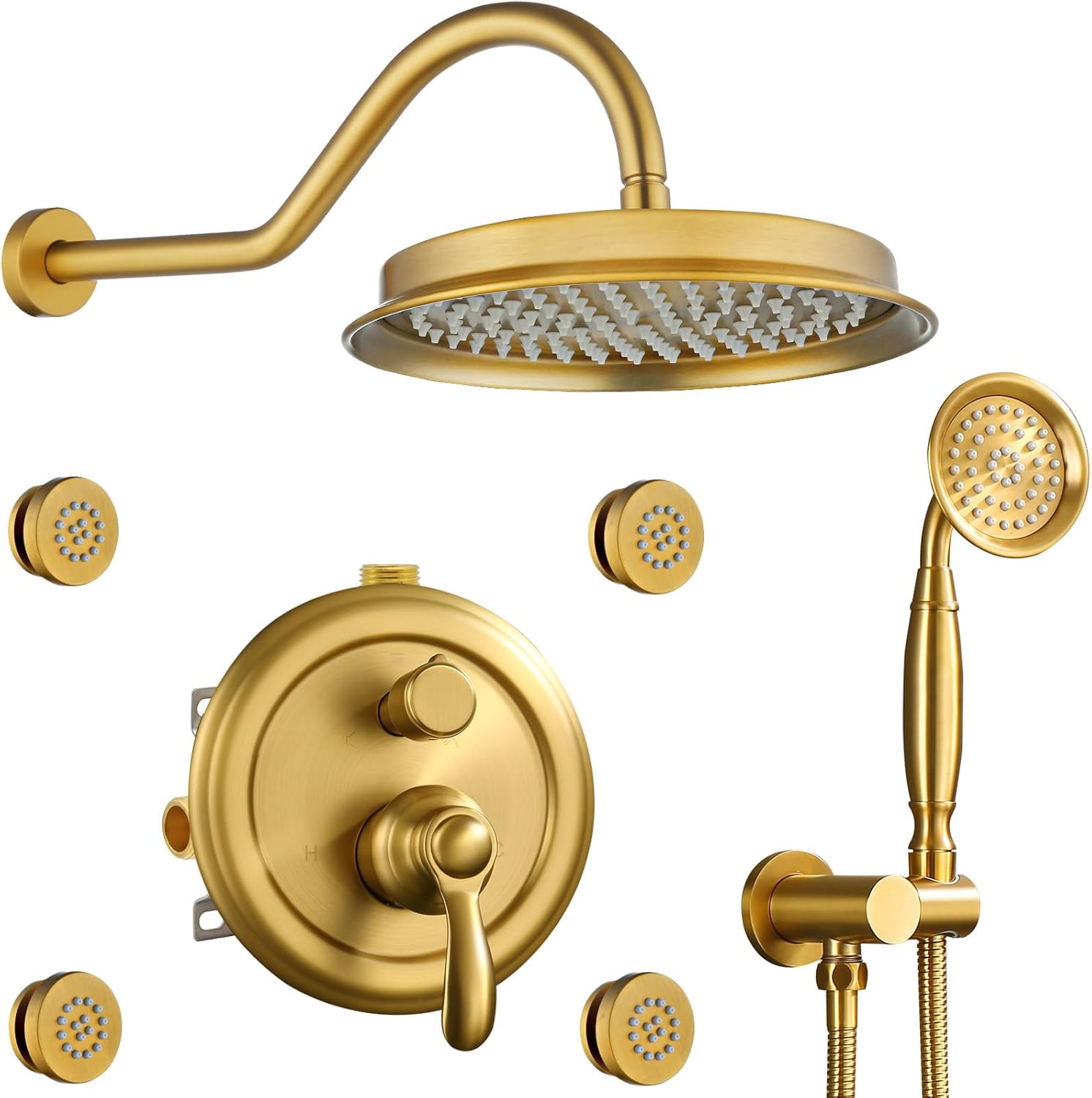 Brushed-Gold Antique Shower System with Jets: 9 inch Rain Faucet Sets Complete Wall Rainfall Head and Handheld Spray Fixtures Combo, 3 Way Diverter Brass Rough in Valve Trim Kit Wall Mounted Brushed Gold