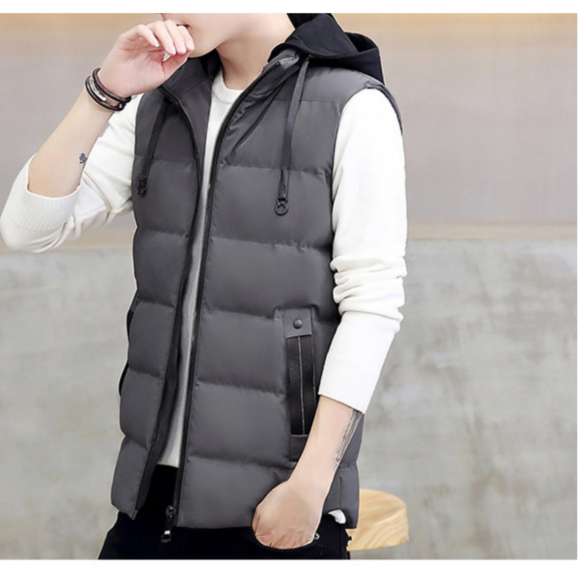 JEShifangjiusu Gilet da uomo leggero e resistente al vento, giacca invernale senza maniche con cappuccio staccabile con zip