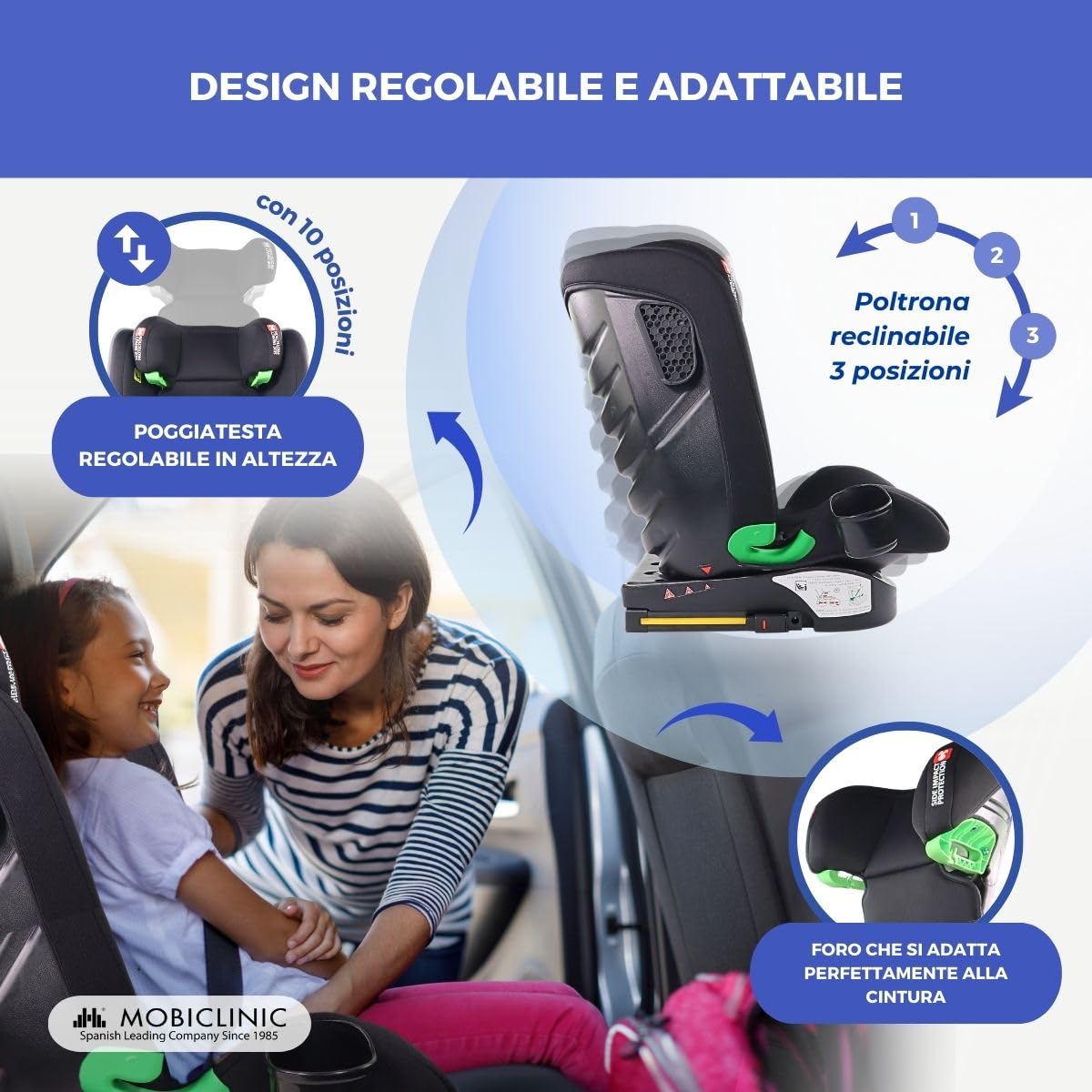 Mobiclinic® kids, Seggiolino auto, I-size, Isofix, Gruppo 2/3, 36kg, 4-12anni, Lionfix max, Evolutivo, 100-150cm, Protezione laterale, Poggiatesta regolabile, 3 posizioni reclinabili, Portabottiglie