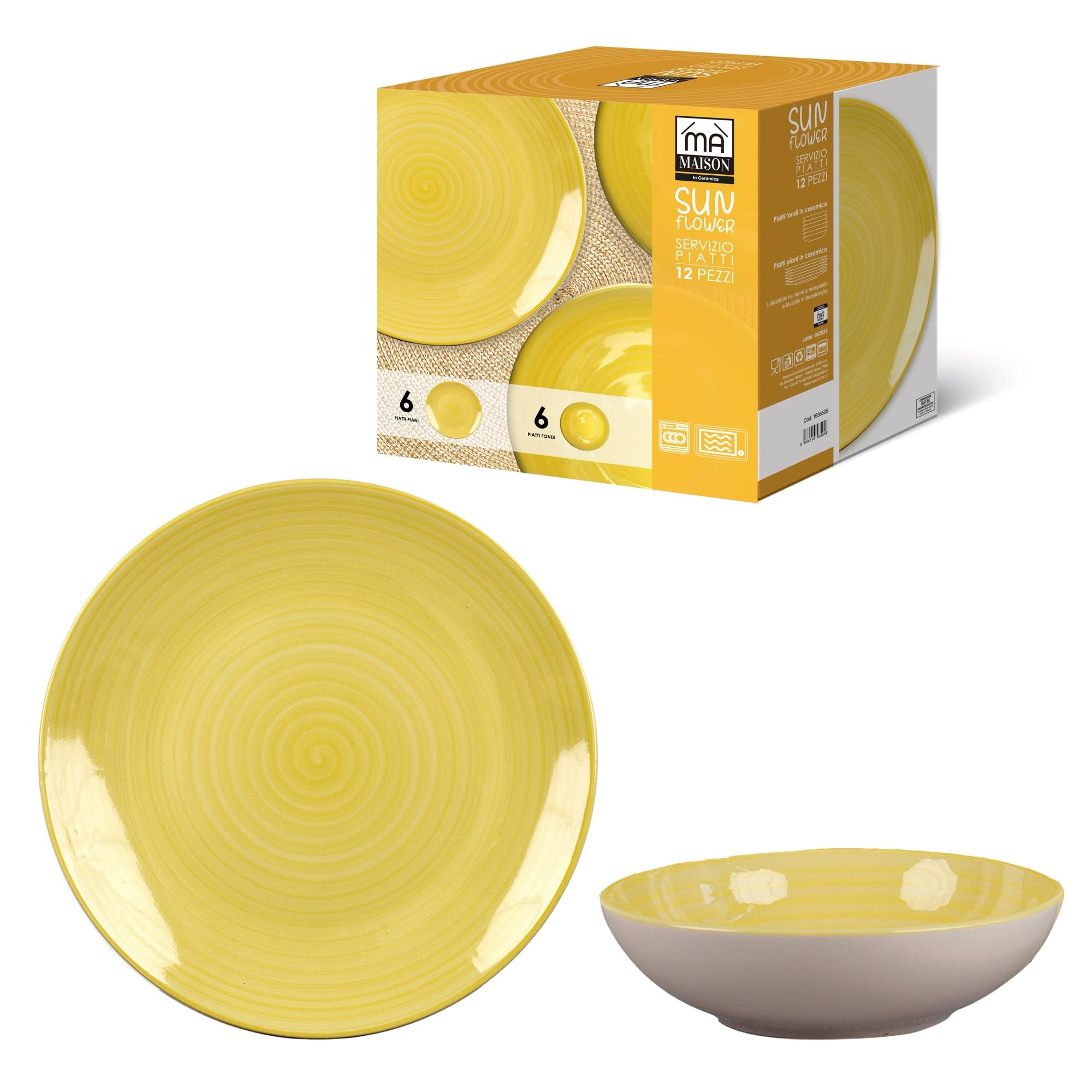 Servizio Piatti Sunflower 12 Pezzi in Ceramica Set Piatti per 6 Persone Idea Regalo - 6 piatti piani, 6 fondi -Tavola e Cucina Colorato per Lavastoviglie