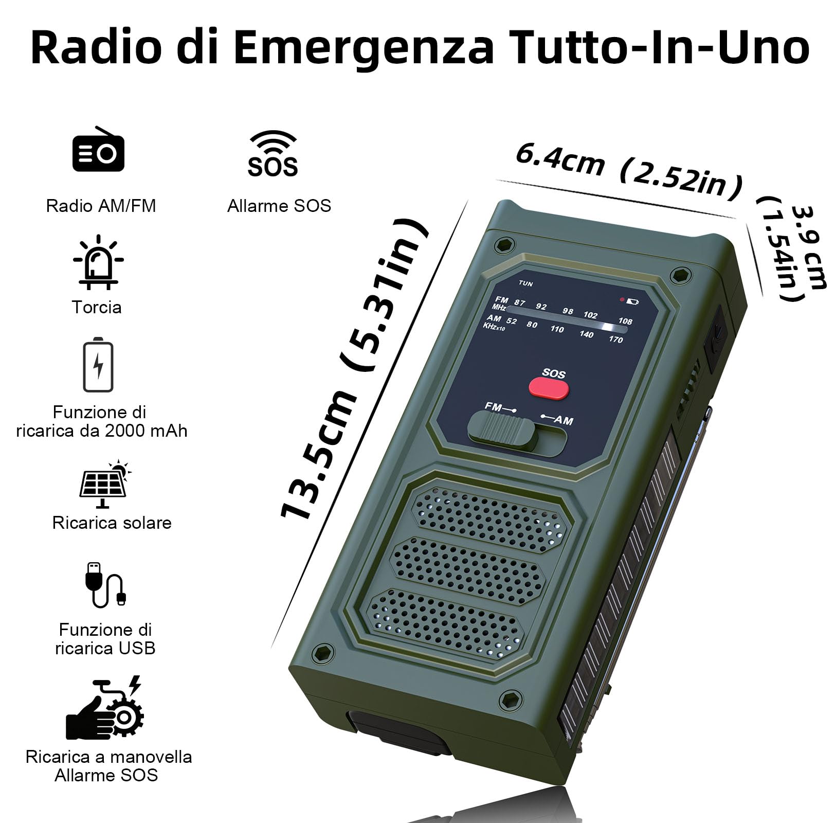 Radio Solaire d'Urgence AM/FM avec Lampe Torche LED, Alarme SOS, Recharge USB/Solaire/Manivelle, Batterie 2000mAh, Vert